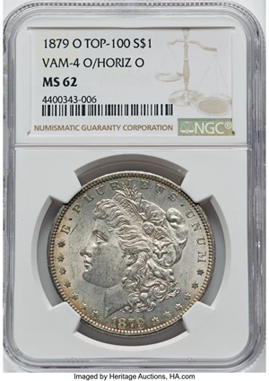 image for: 1879-O $1 VAM-4, O Over Horizontal O MS62 NGC. A Top 100 Variety. NGC Census: (8/0). PCGS Population: (13/12). CDN: $272 Wh...
