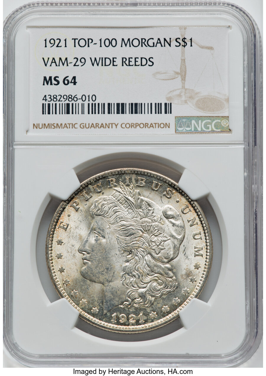 1921 $1 Wide Reeding, VAM-29, Top 100, MS64 NGC. NGC Census: (0/0). PCGS Population: (65/9). MS64....