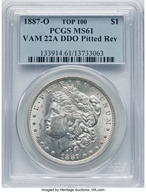 image for: 1887-O $1 VAM-22A, Doubled Die Obverse, Pitted Reverse MS61 PCGS. PCGS Population: (18/20). NGC Census: (0/0). MS61. ...