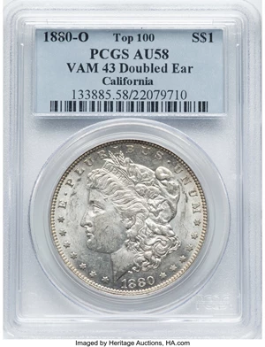 image for: 1880-O $1 VAM-43, Doubled Ear AU58 PCGS. PCGS Population: (7/18). NGC Census: (4/6). AU58. ...