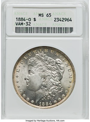 image for: 1884-O $1 Very Far Date, High O Tilted Left, VAM-32, MS65 ANACS....