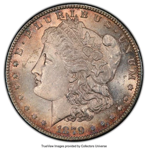 image for: 1879-S $1 Reverse of 1878, VAM-4, MS63 PCGS. A Top 100 Variety. PCGS Population: (16/6 and 1/1+). NGC Census: (1/2 and 0/0+...