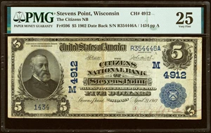 image for: Stevens Point, WI - $5 1902 Date Back Fr. 596 The Citizens National Bank Ch. # (M)4912 PMG Very Fine 25....