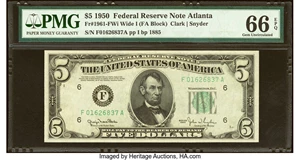 image for: Fr. 1961-F $5 1950 Wide I Federal Reserve Note. PMG Gem Uncirculated 66 EPQ....