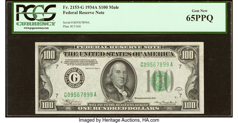 Fr. 2153-G $100 1934A Mule Federal Reserve Note. PCGS Gem New 65PPQ. ...