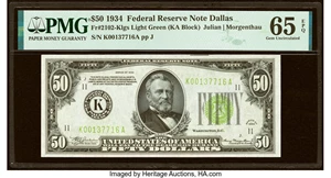 image for: Fr. 2102-K $50 1934 Light Green Seal Federal Reserve Note. PMG Gem Uncirculated 65 EPQ....