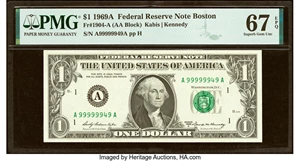 image for: Seven of a Kind Serial Number 99999949 Fr. 1904-A $1 1969A Federal Reserve Note. PMG Superb Gem Unc 67 EPQ....