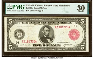 image for: Fr. 836b $5 1914 Red Seal Federal Reserve Note PMG Very Fine 30....