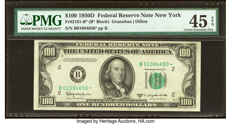 Fr. 2161-B* $100 1950D Federal Reserve Star Note. PMG Choice Extremely Fine 45 EPQ. ...