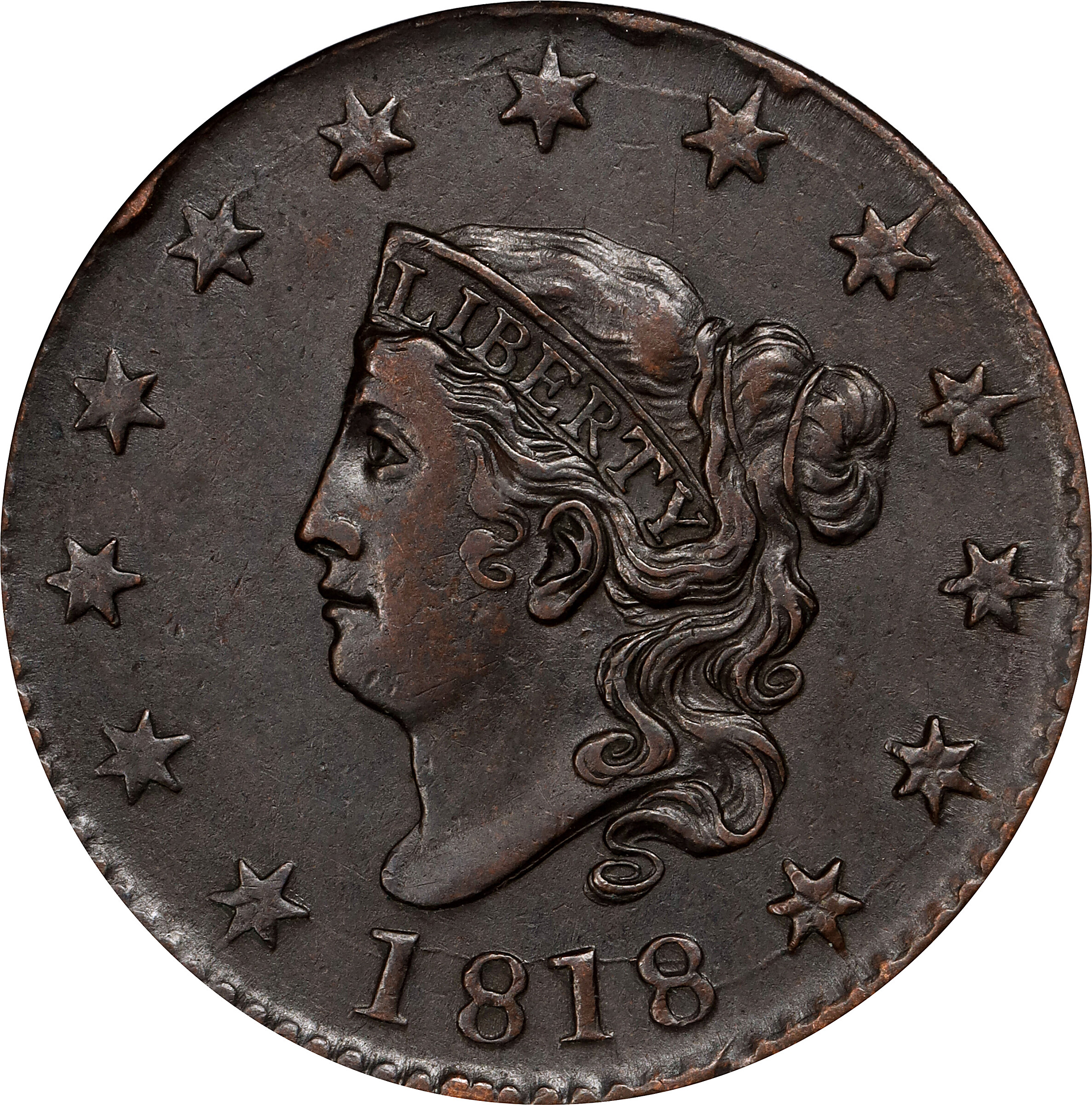 1818 Matron Head Cent. N-8. Rarity-3. AU-50 (PCGS).