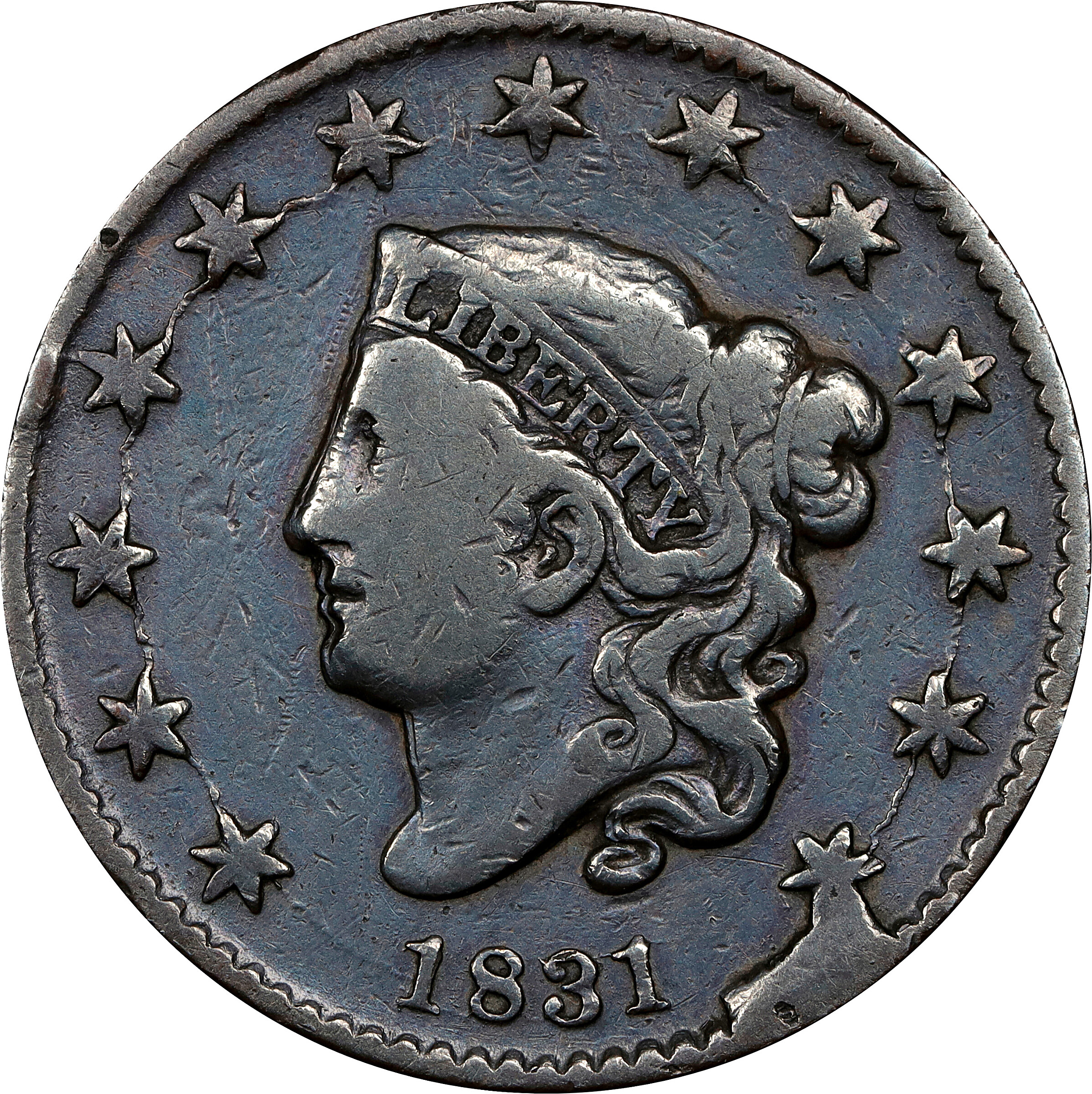 1831 Matron Head Cent. N-12/1. Rarity-1 (Rarity-2 for die state). Large Letters. Fine.