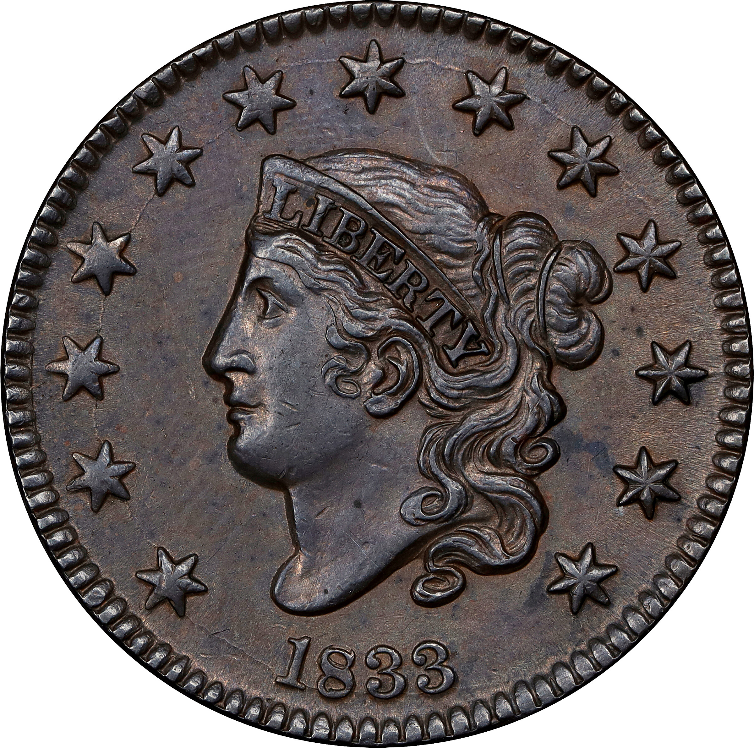 1833 Matron Head Cent. N-5. Rarity-1. About Uncirculated, Cleaned.