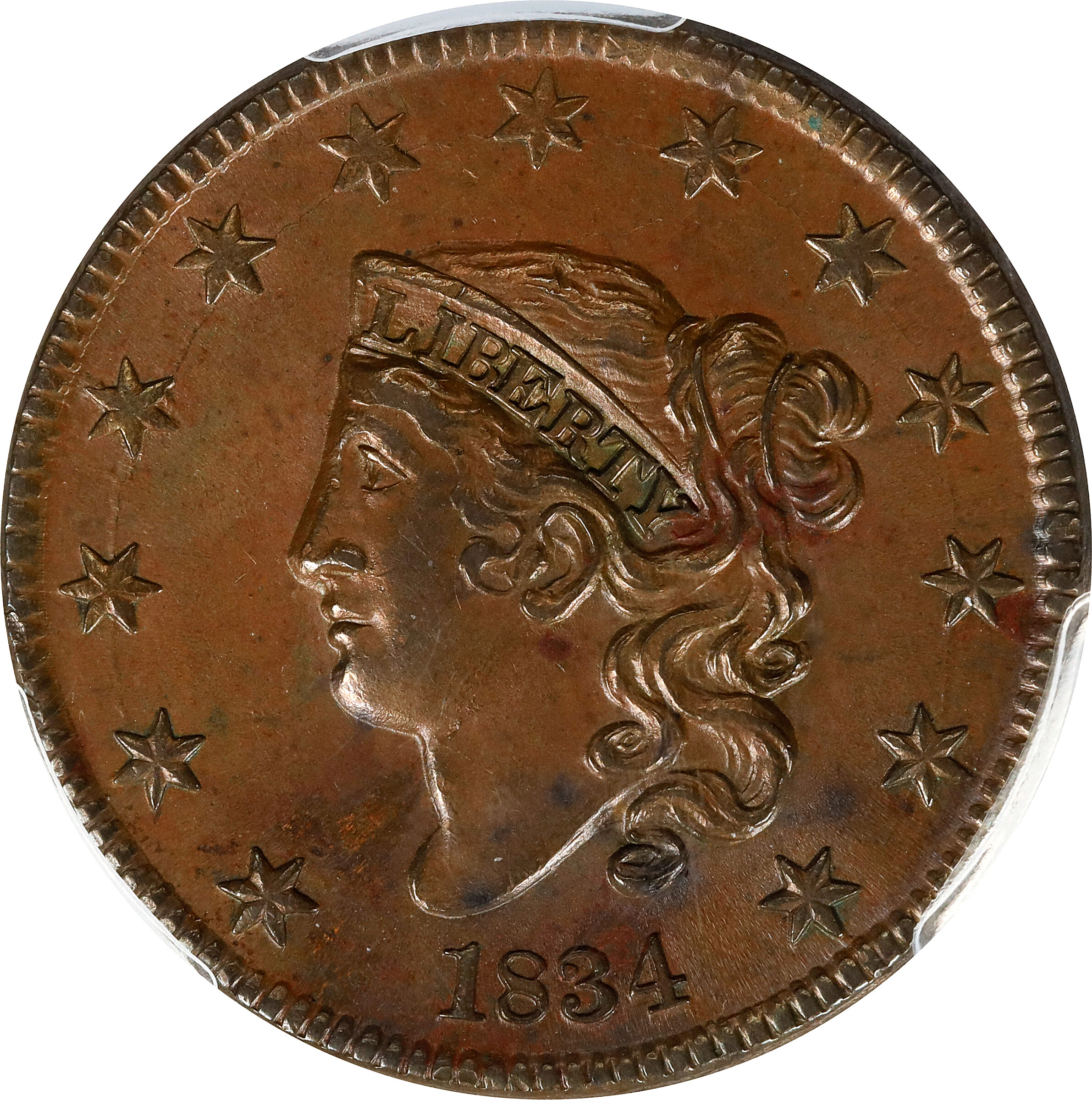 1834 Matron Head Cent. N-1. Rarity-1. Small 8, Large Stars, Medium Letters. AU Details--Spot Removed (PCGS).