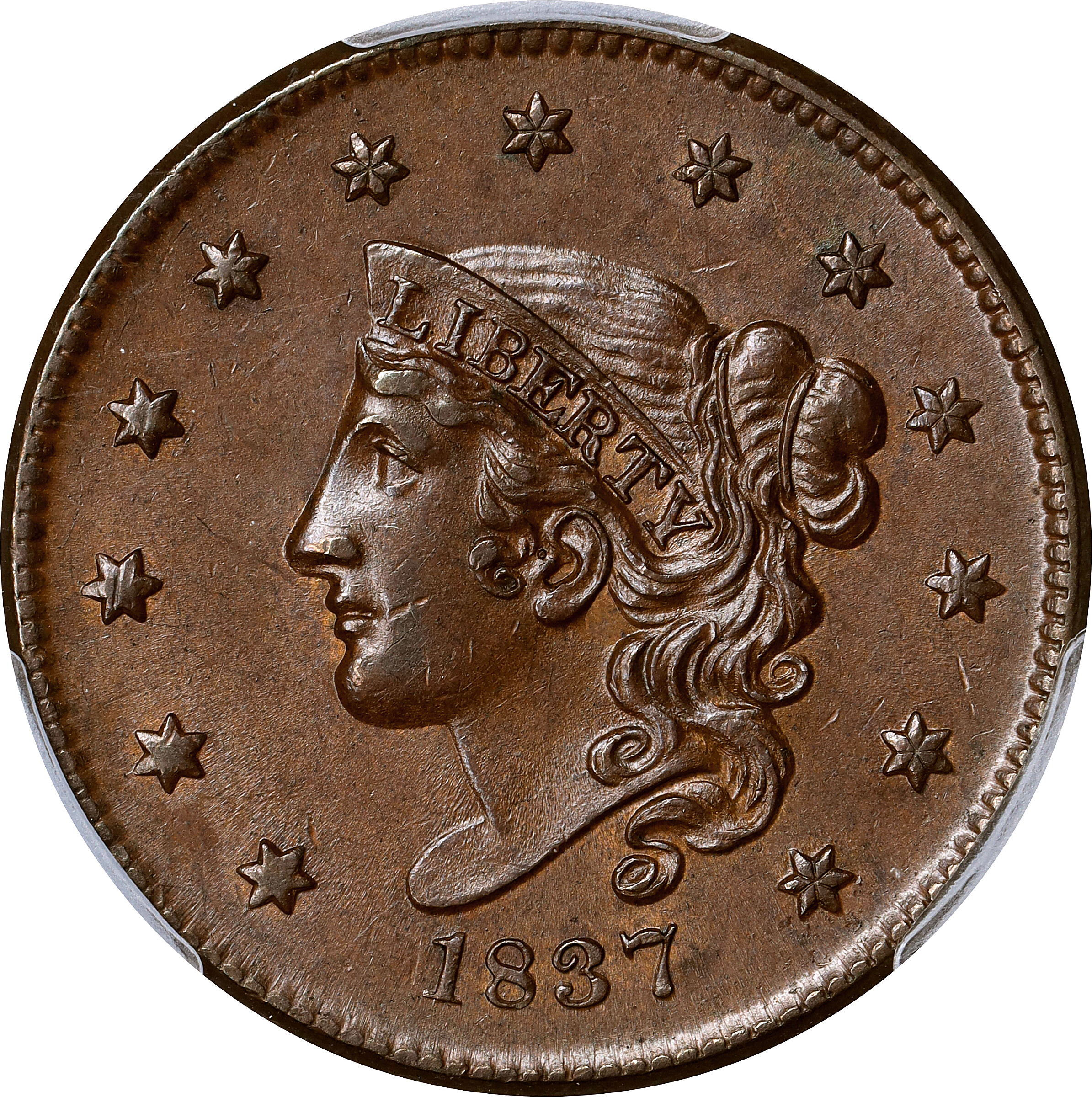 1837 Modified Matron Head Cent. N-7, 8. Rarity-1. Plain Cords, Medium Letters. MS-62 BN (PCGS).