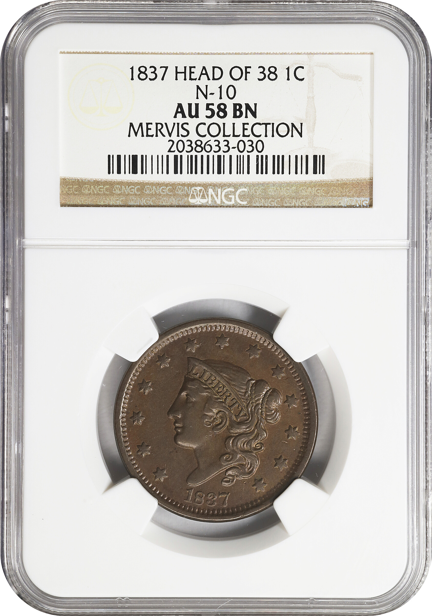 1837 1c Head of 1838, N-10 MS BN VF35 BN CAC thumbnail 3