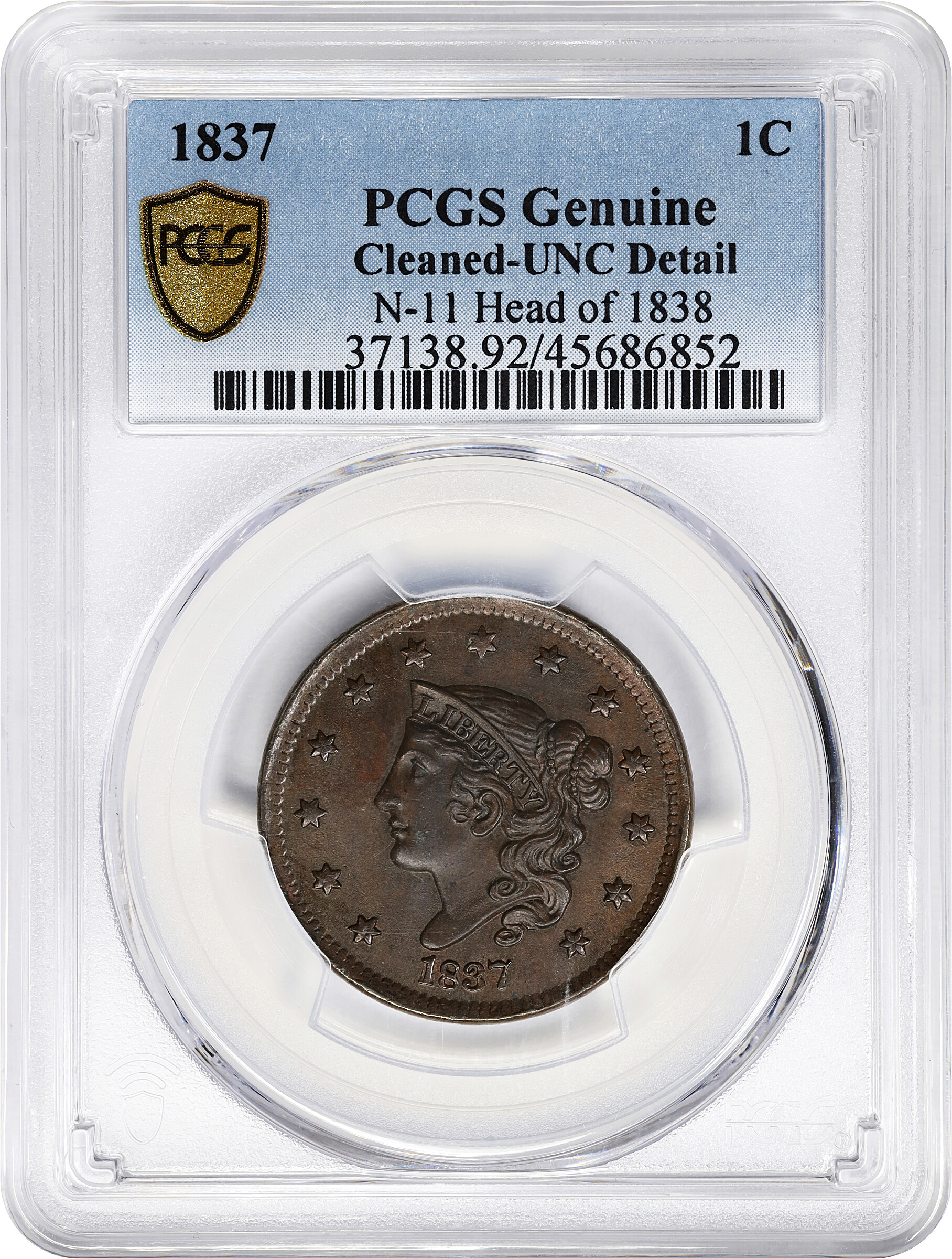 1837 1c Head of 1838, N-11 MS BN VF20 BN thumbnail 3
