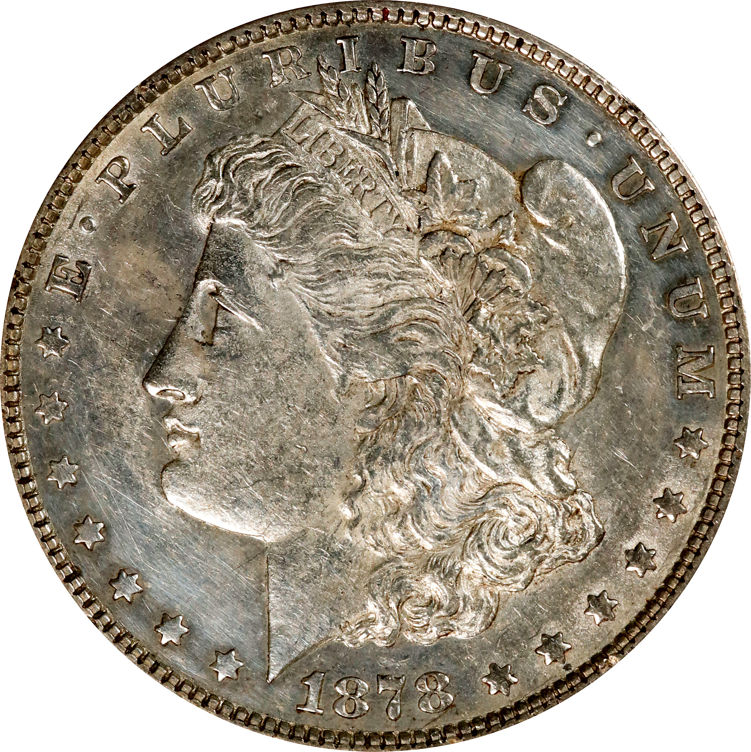 1878 Morgan Silver Dollar. 7/8 Tailfeathers. Weak. VAM-44A. Top 100 Variety. 7/5 Tailfeathers, Tripled Blossoms. AU-53 Details--Cleaned (ANACS). Discovery Piece.