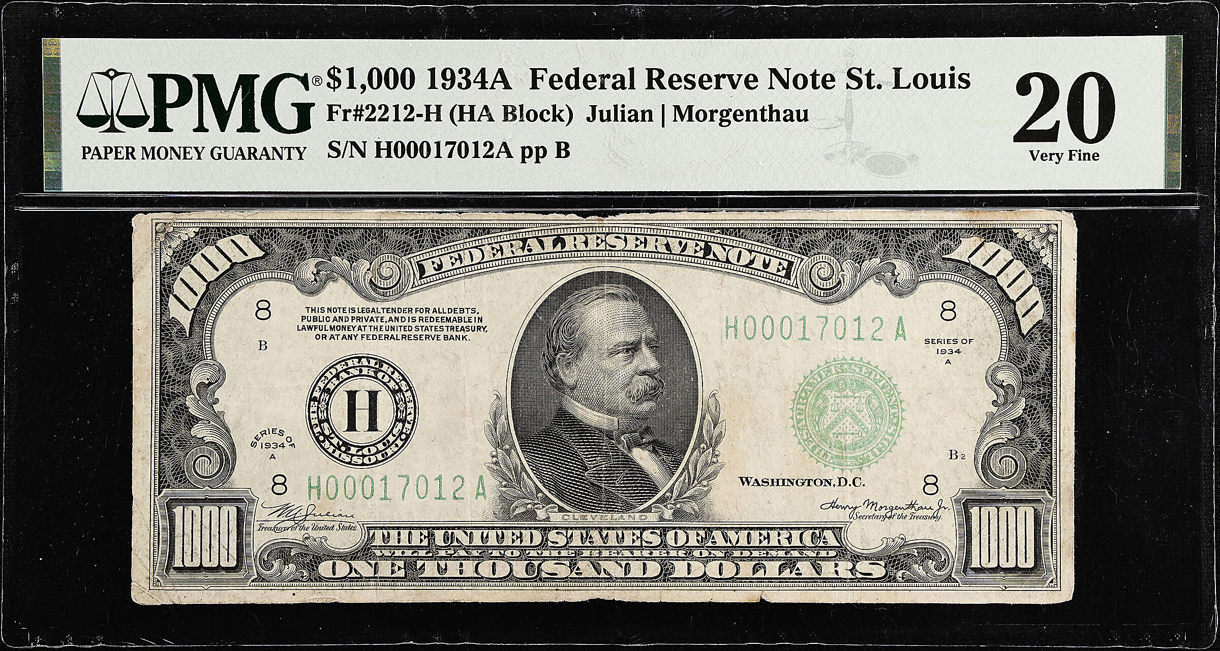 Fr. 2212-H. 1934A $1000 Federal Reserve Note. St. Louis. PMG Very Fine 20.