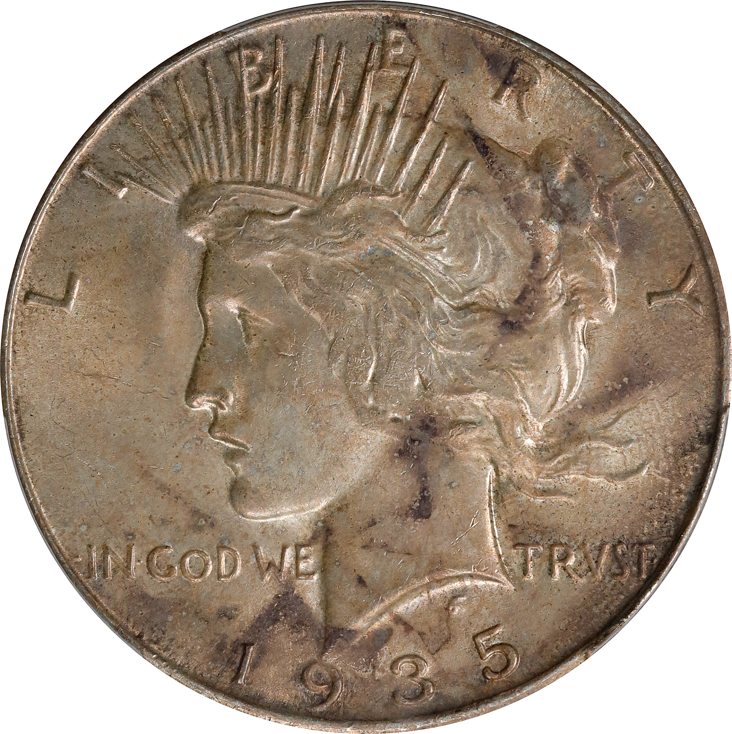 1935-S Peace Silver Dollar. Four Rays. Unc Details--Stained (PCGS).