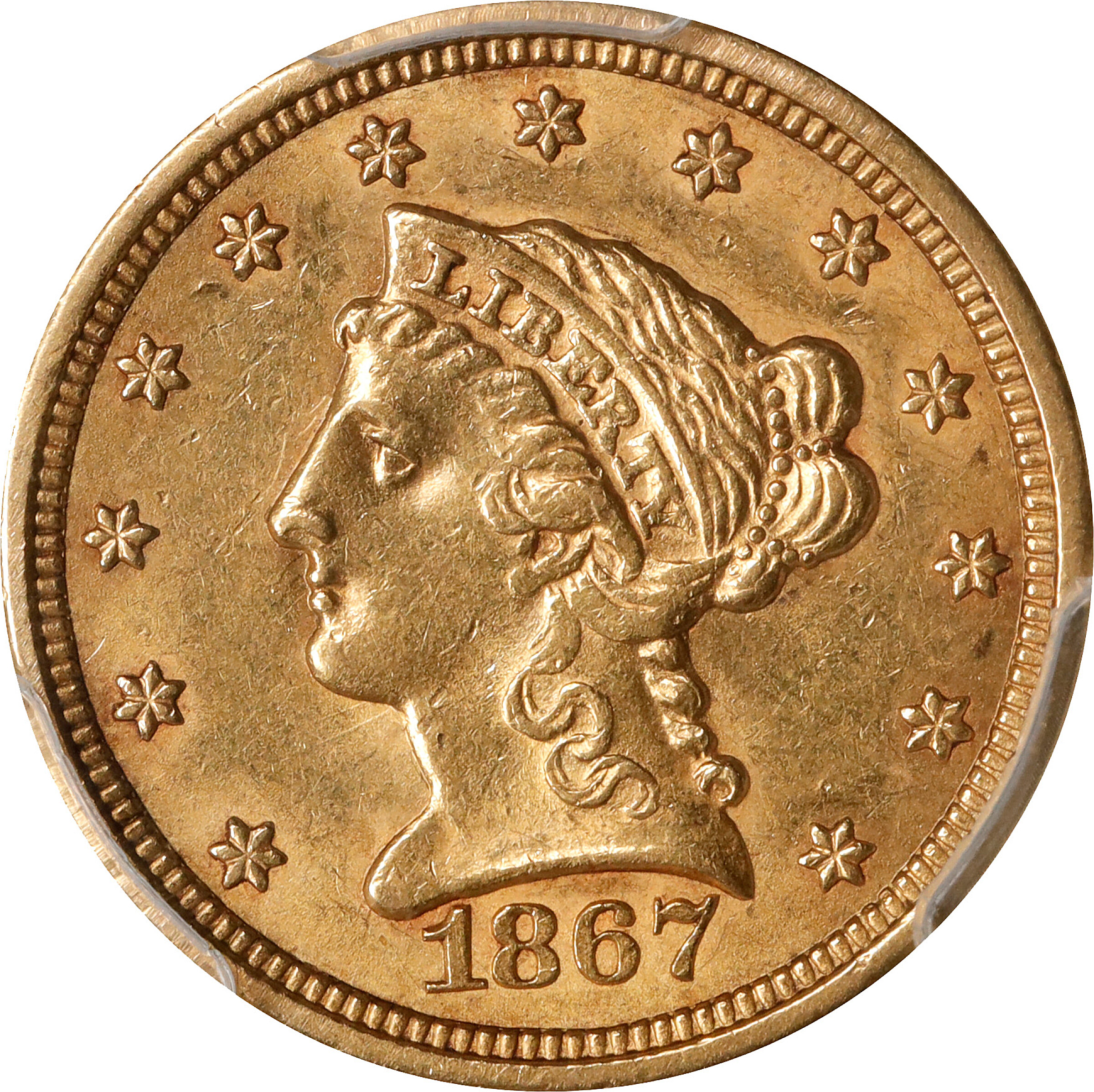 1867-S Liberty Head Quarter Eagle. AU-58 (PCGS). CAC.