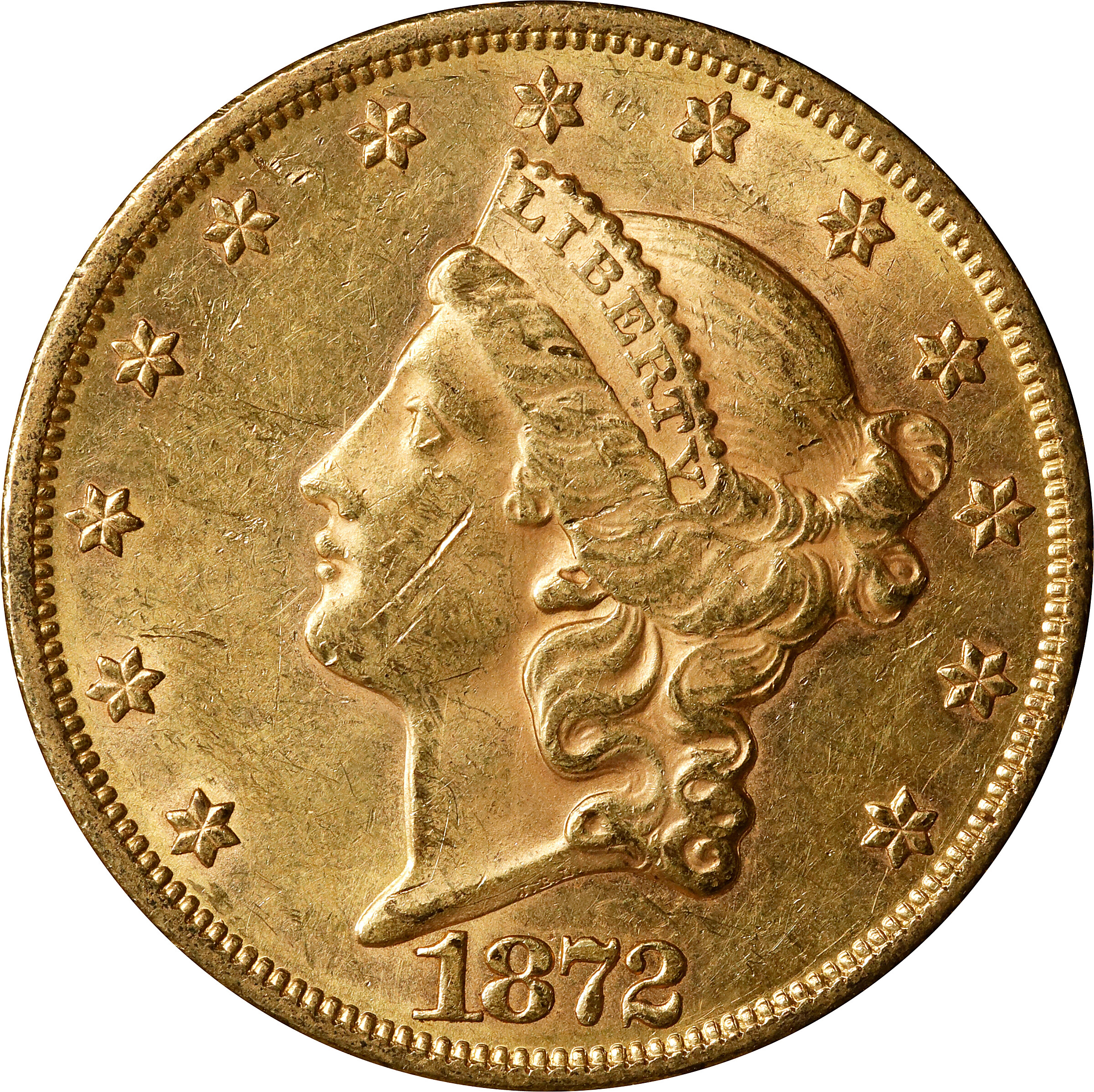 1872 Liberty Head Double Eagle. About Uncirculated, Scratched (Uncertified).