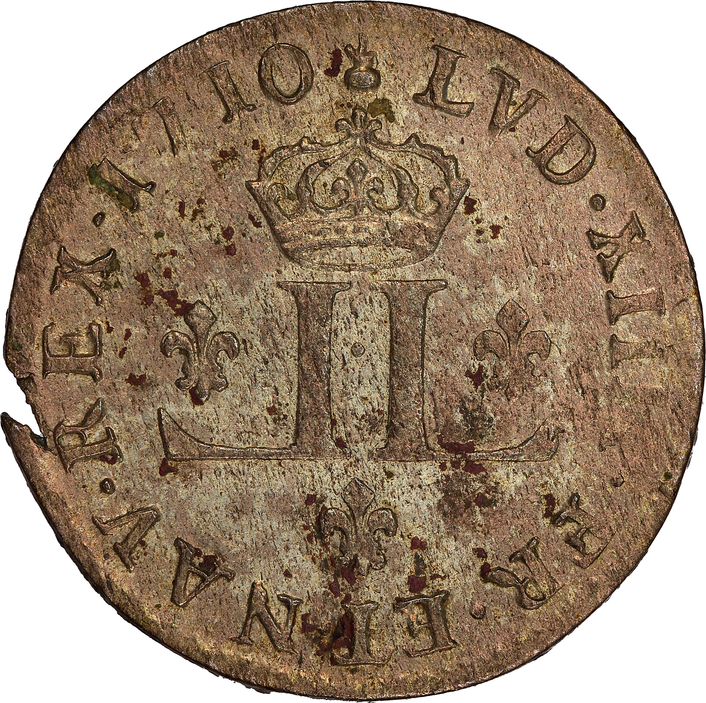 1710-AA French Colonies 30 Deniers, or Mousquetaire. Metz Mint. Vlack-8. Breen-282. Rarity-2. MS-61 (PCGS).
