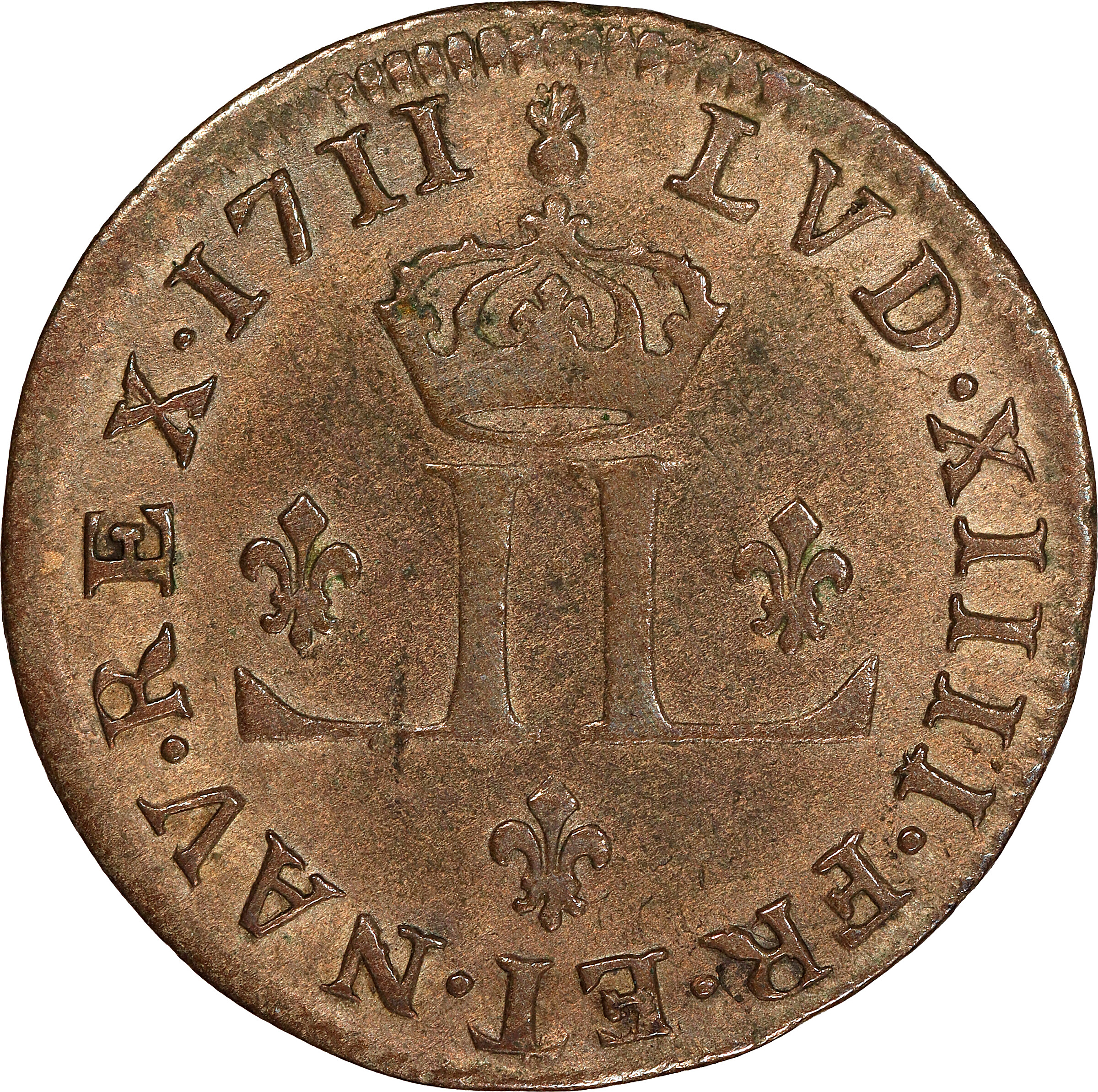 1711-AA French Colonies 30 Deniers, or Mousquetaire. Metz Mint. Vlack-9. Breen-285. Rarity-3. AU-50 (PCGS).