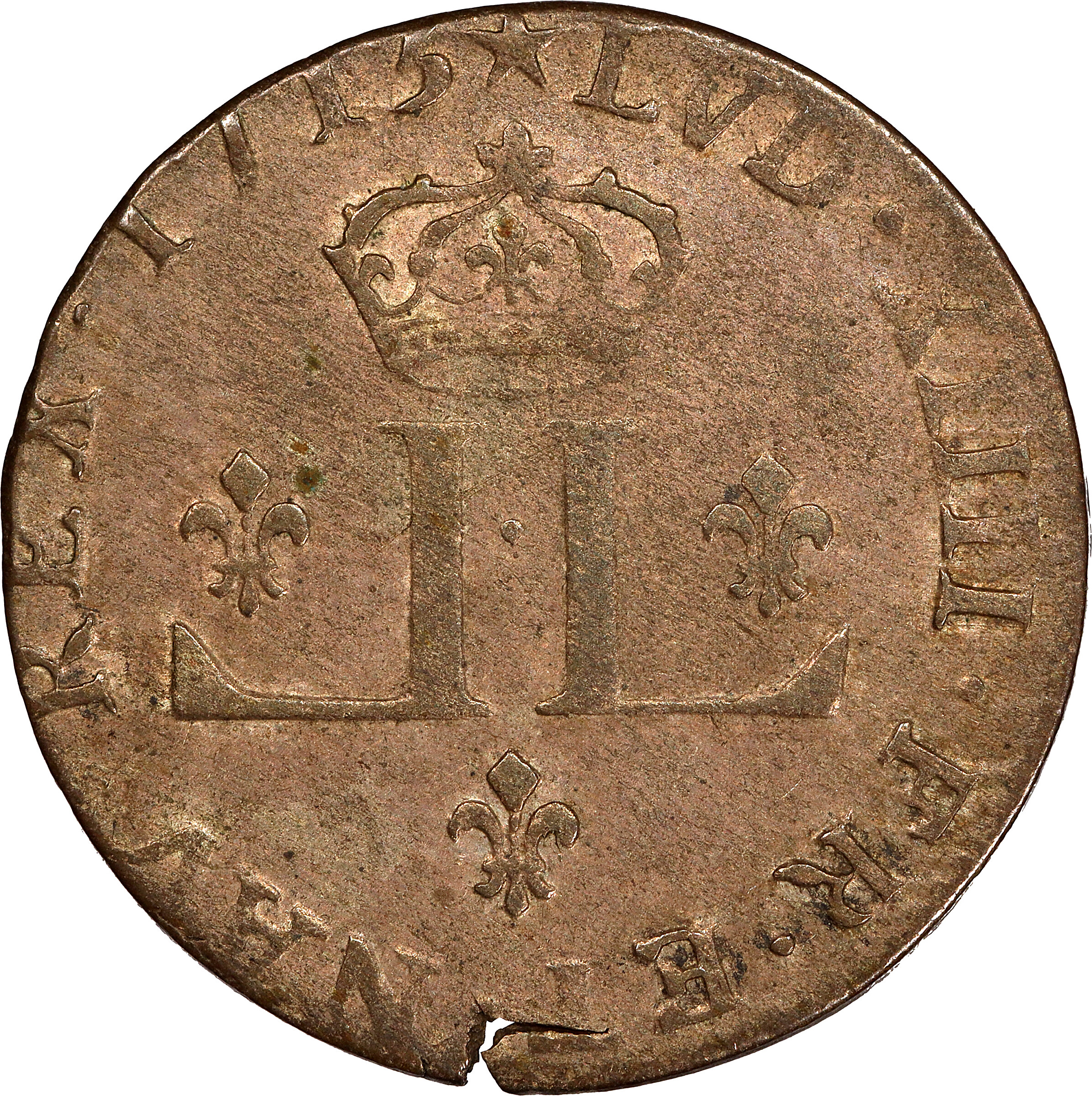 1713-D French Colonies 30 Deniers, or Mousquetaire. Lyon Mint. Star After Date. Vlack-6a. Breen-289, W-11745. Rarity-4. AU-53 (PCGS).