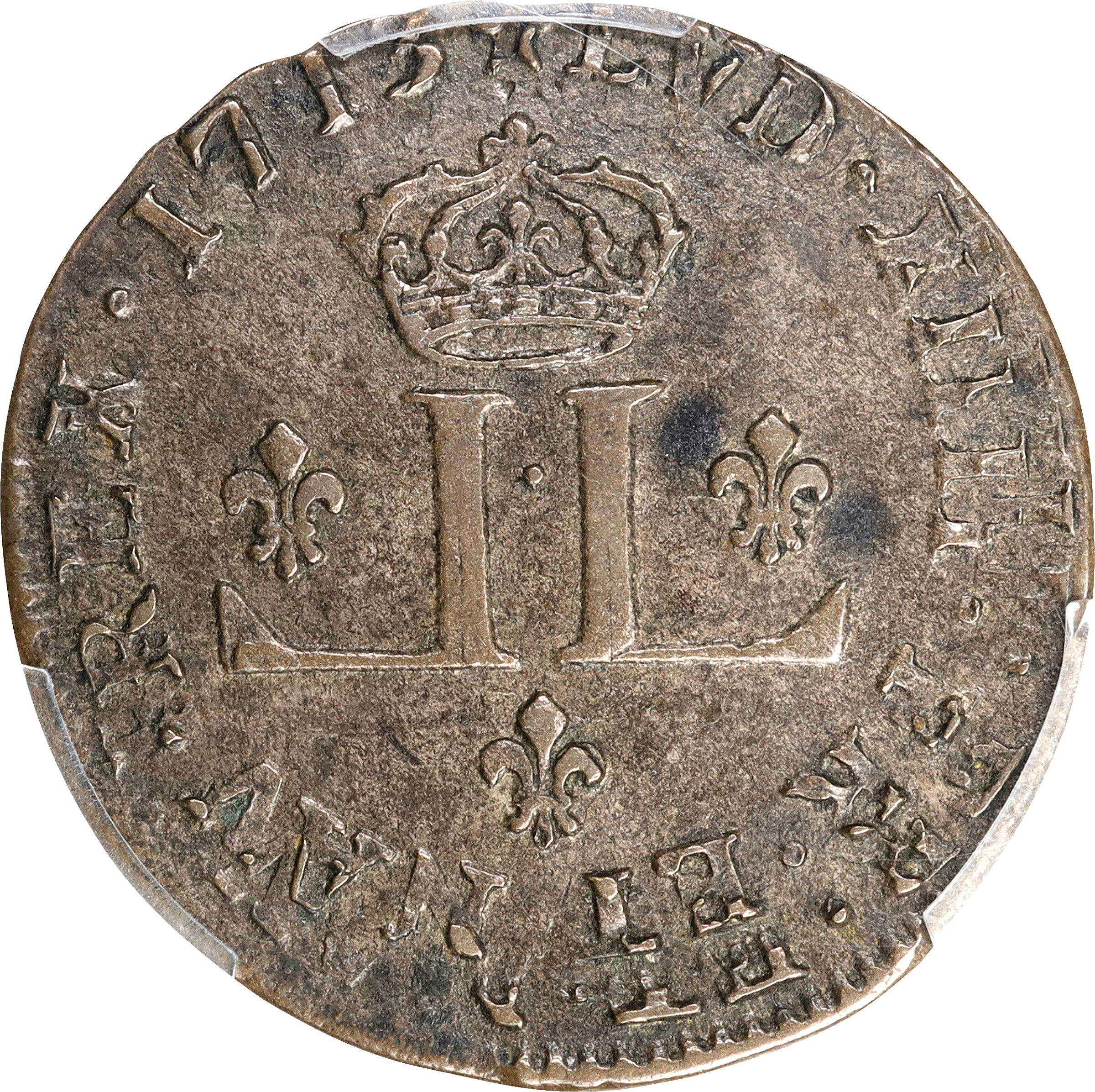 1713-D French Colonies 30 Deniers, or Mousquetaire. Lyon Mint. Star After Date. Vlack-6a. Breen-289, W-11745. Rarity-4--Double Struck--AU-53 (PCGS).
