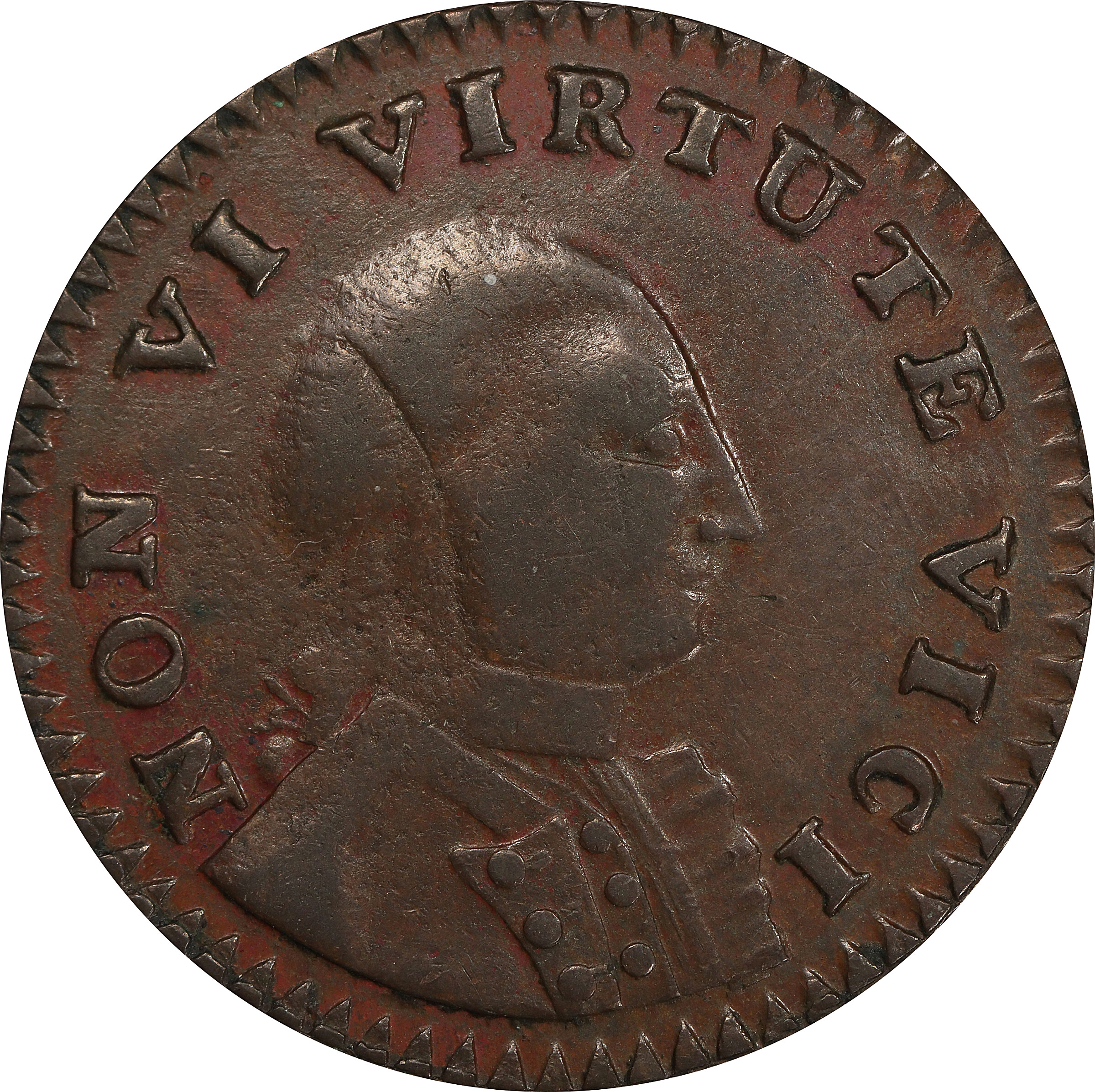 Circa 1786 Non Vi Virtute Vici Copper. Small Head. Musante GW-7, Baker-13, Breen-977. Copper. AU-53 (PCGS).
