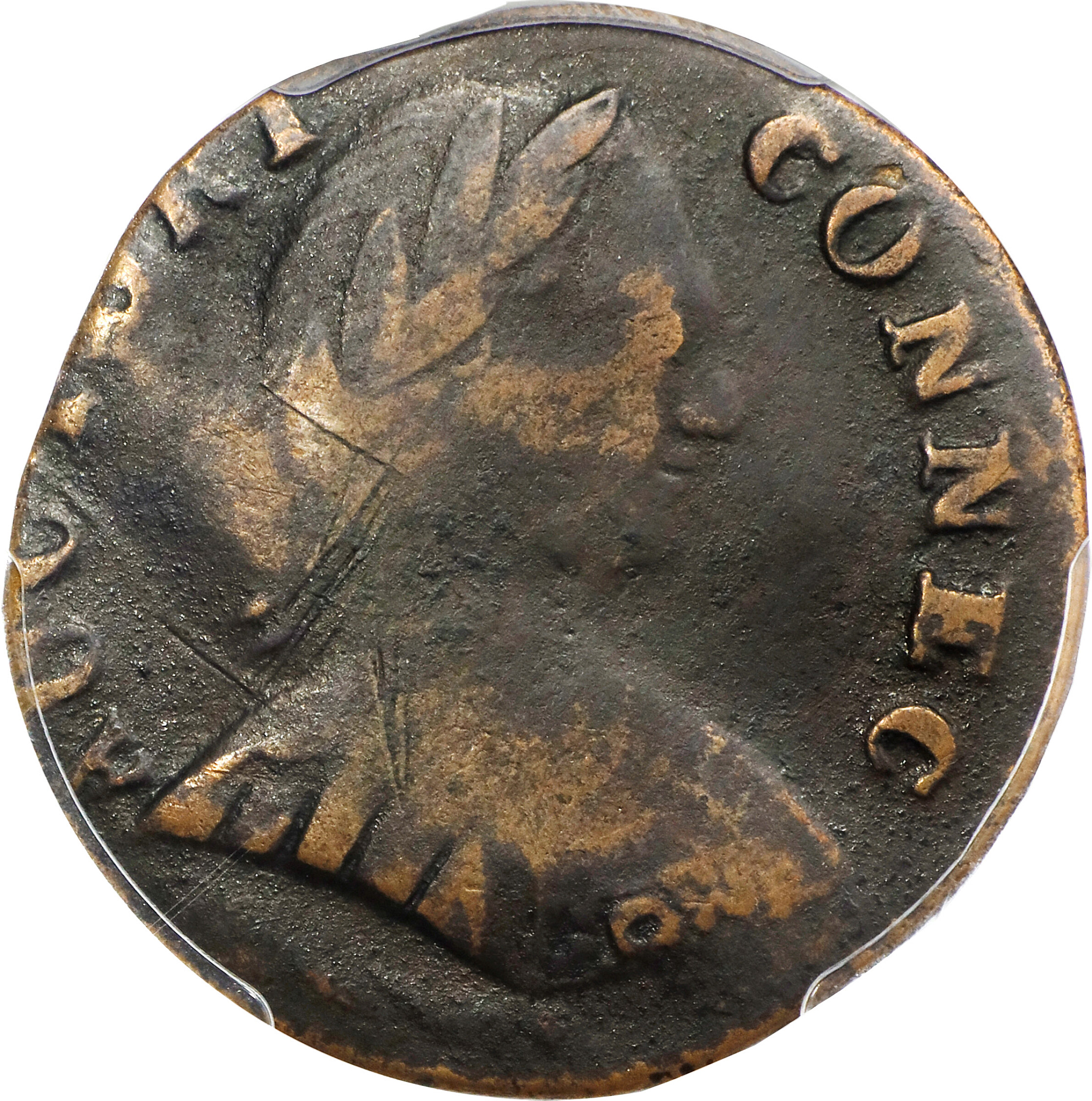 1788 Connecticut Copper. Miller 1-I, RR-39, W-4400. Rarity-5. Mailed Bust Right, Small Head, Vermont Reverse. VF Details--Graffiti (PCGS).