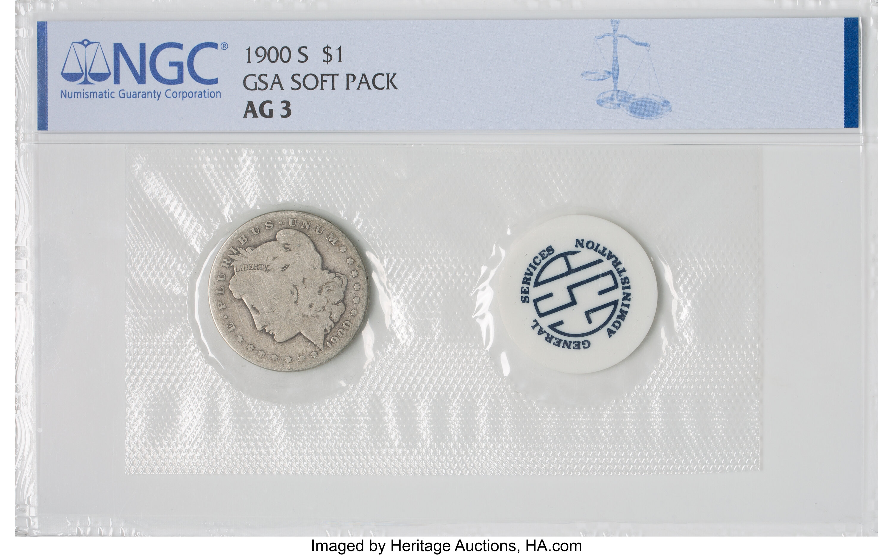 1900-S $1 GSA Soft Pack AG3 NGC. NGC Census: (2/4682). PCGS Population: (8/7468). CDN: $26 Whsle. Bid for NGC/PCGS AG3 . Min...