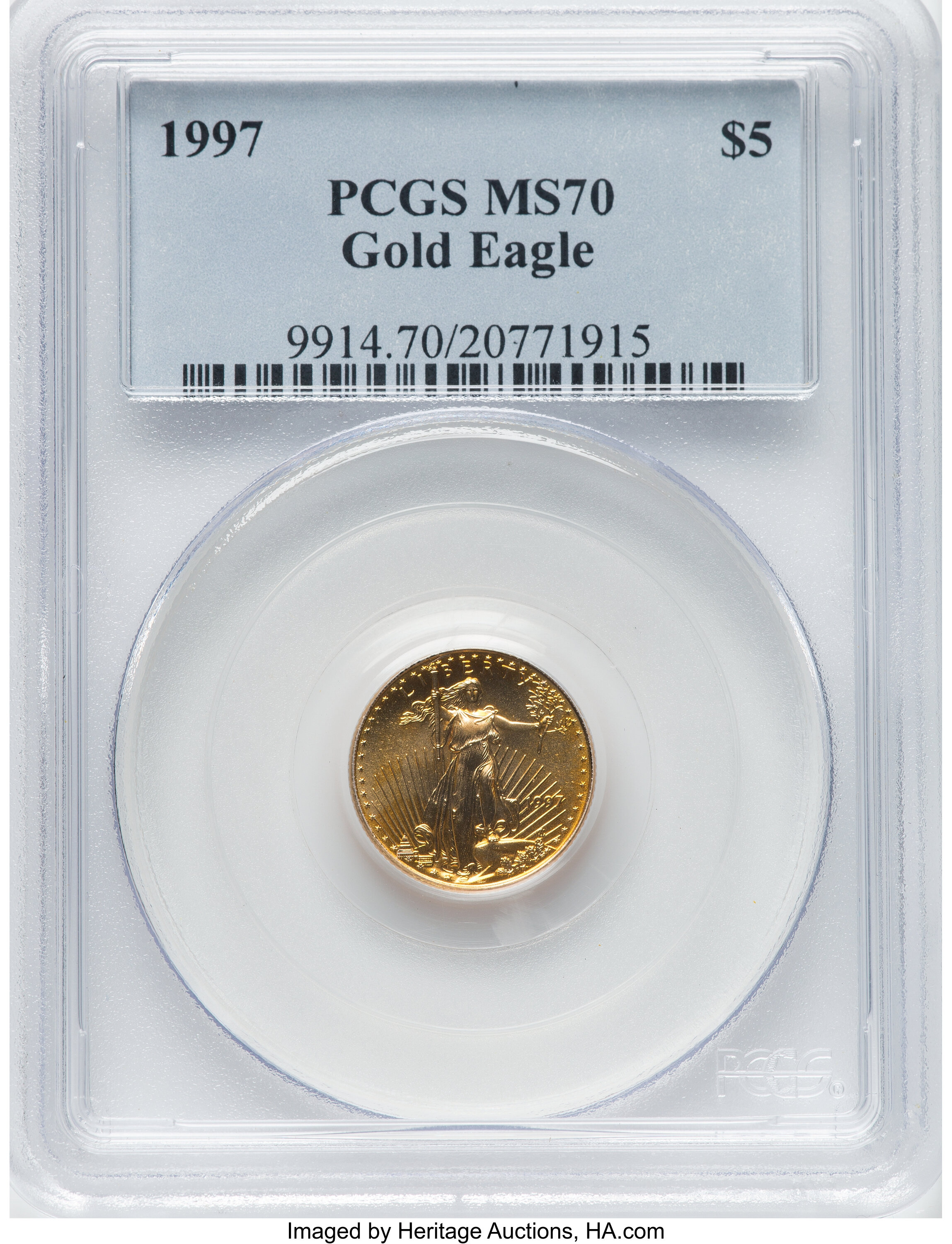 1997 $5 Tenth-Ounce Gold Eagle MS70 PCGS. PCGS Population: (142). NGC Census: (974). CDN: $300 Whsle. Bid for NGC/PCGS MS70...