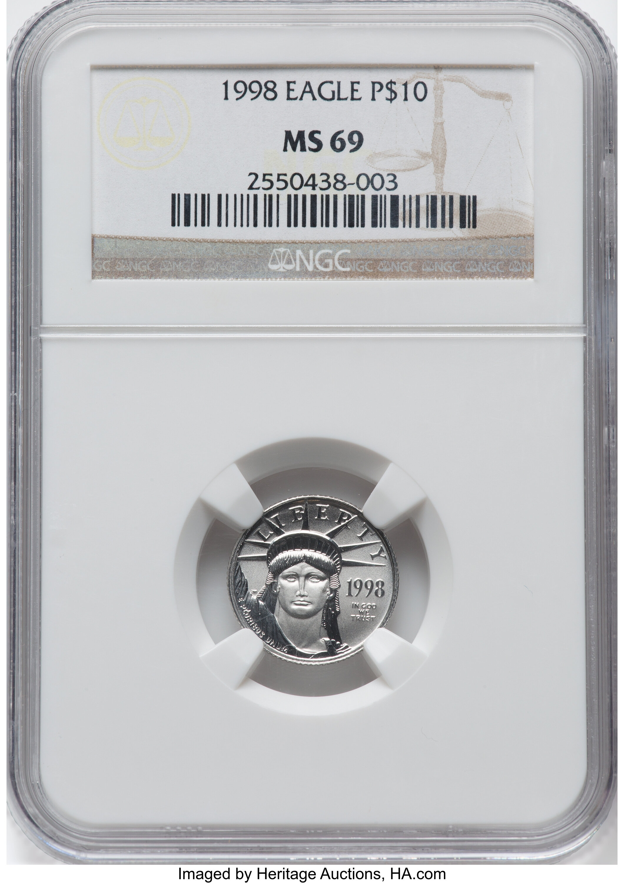 1998 $10 Tenth-Ounce Platinum Eagle MS69 NGC. NGC Census: (417/33). PCGS Population: (929/12). CDN: $205 Whsle. Bid for NGC...