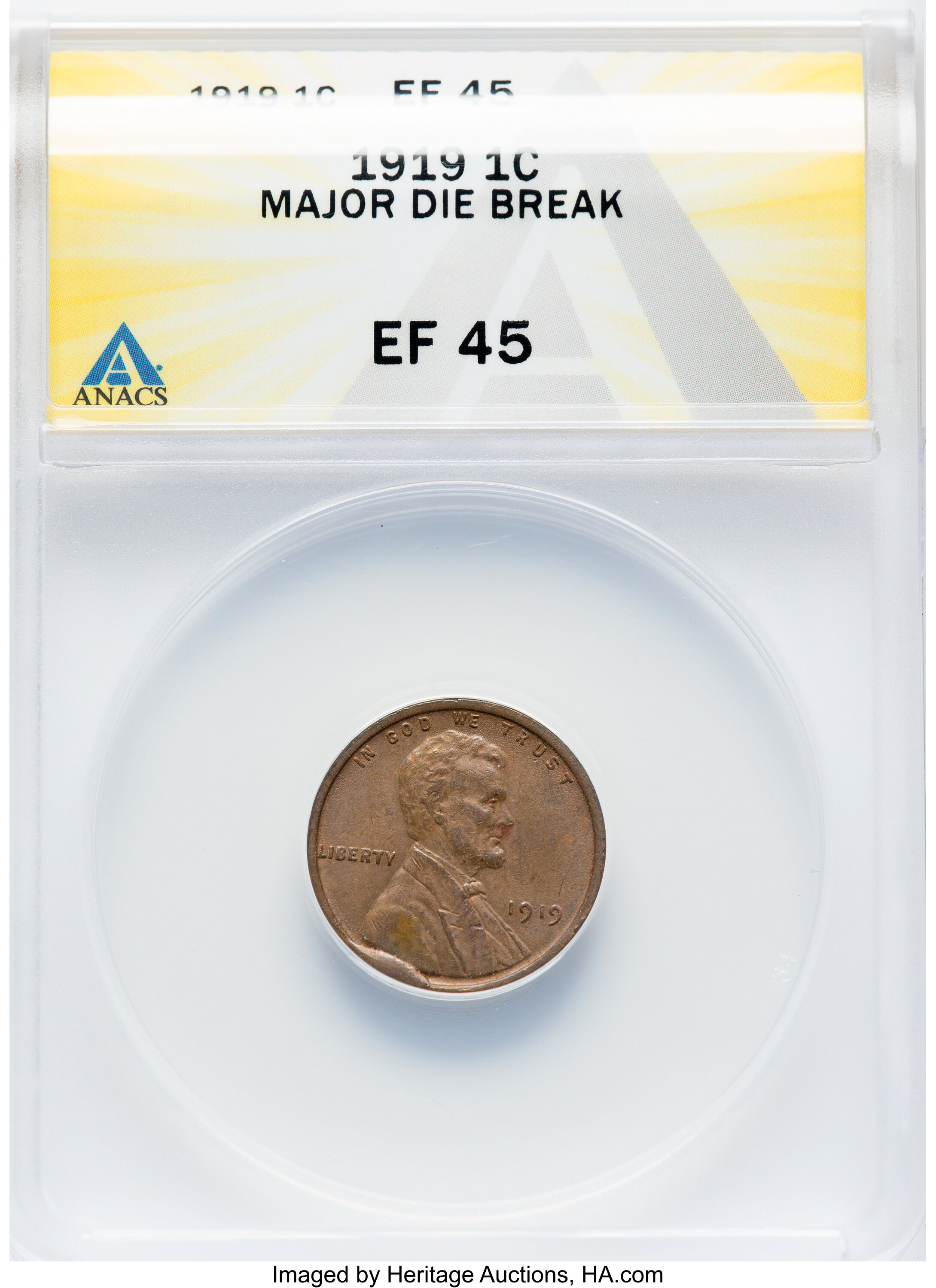 1919 1C Lincoln Cent -- Major Die Break -- XF45 ANACS....