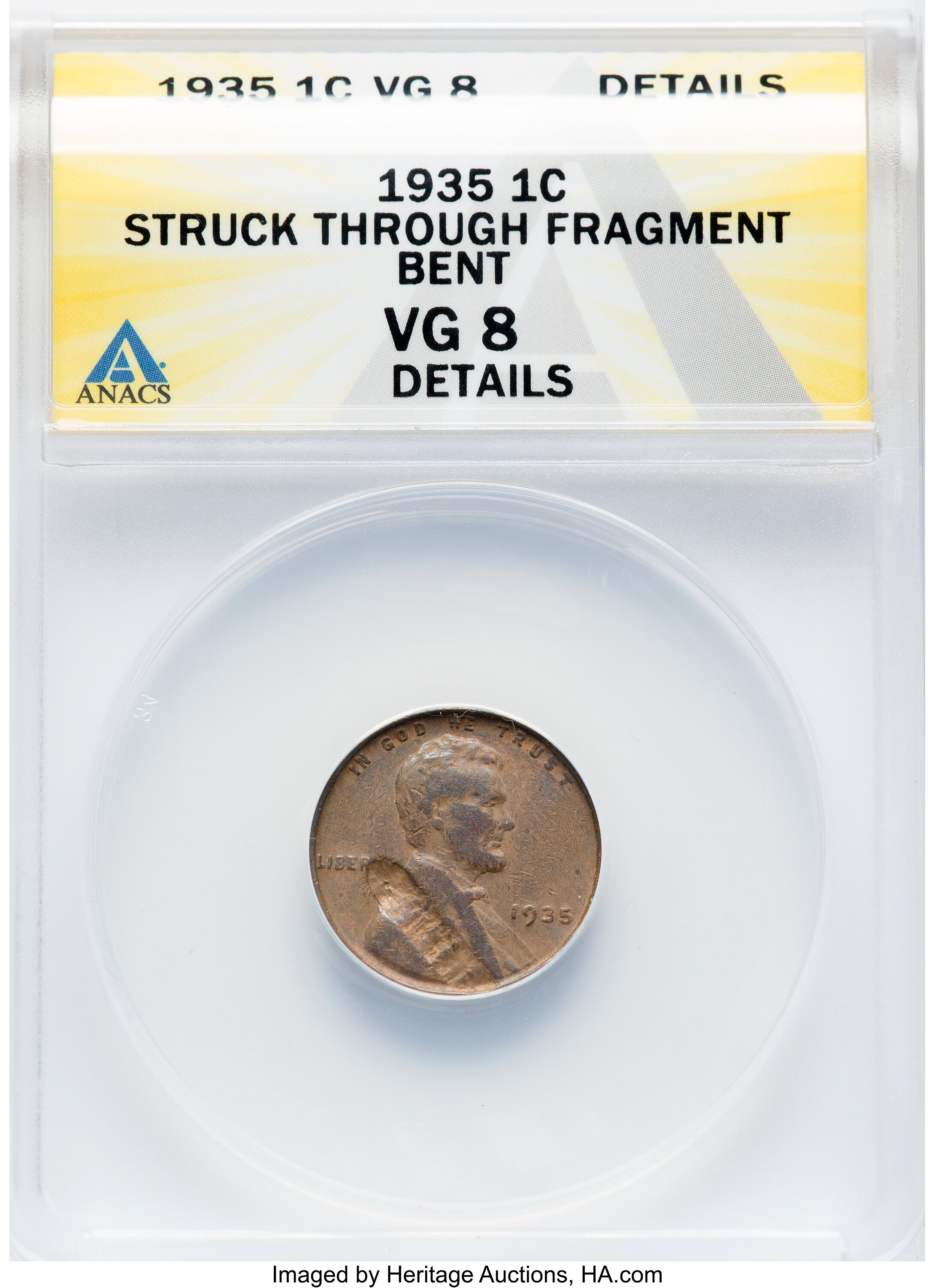 1935 1C Lincoln Cent -- Struck Through Fragment, Bent -- ANACS. VG8 Details....