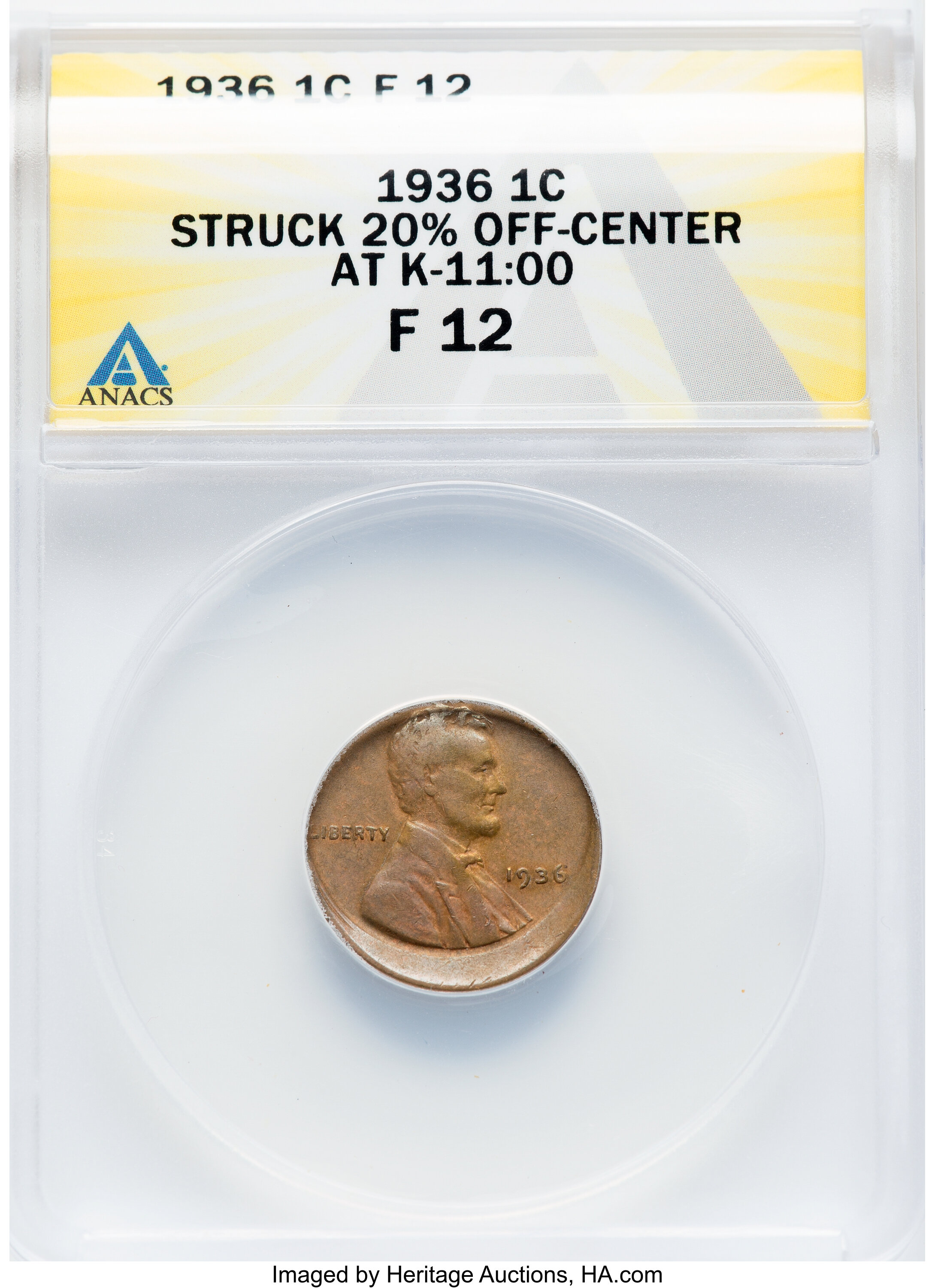 1936 1C Lincoln Cent -- Struck 20% Off Center @11:00 -- Fine 12 ANACS....