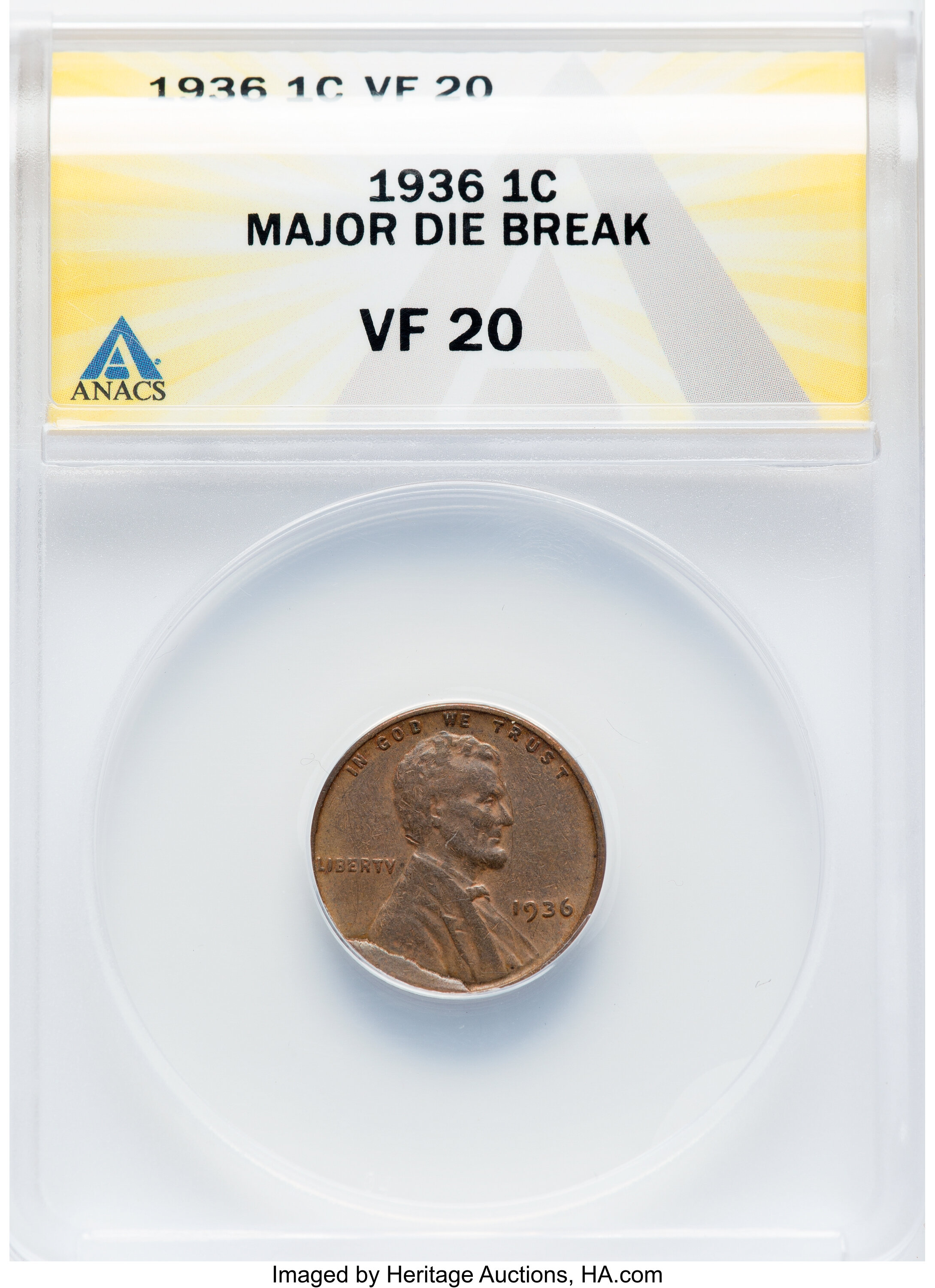 1936 1C Lincoln Cent -- Major Die Break -- VF20 ANACS....