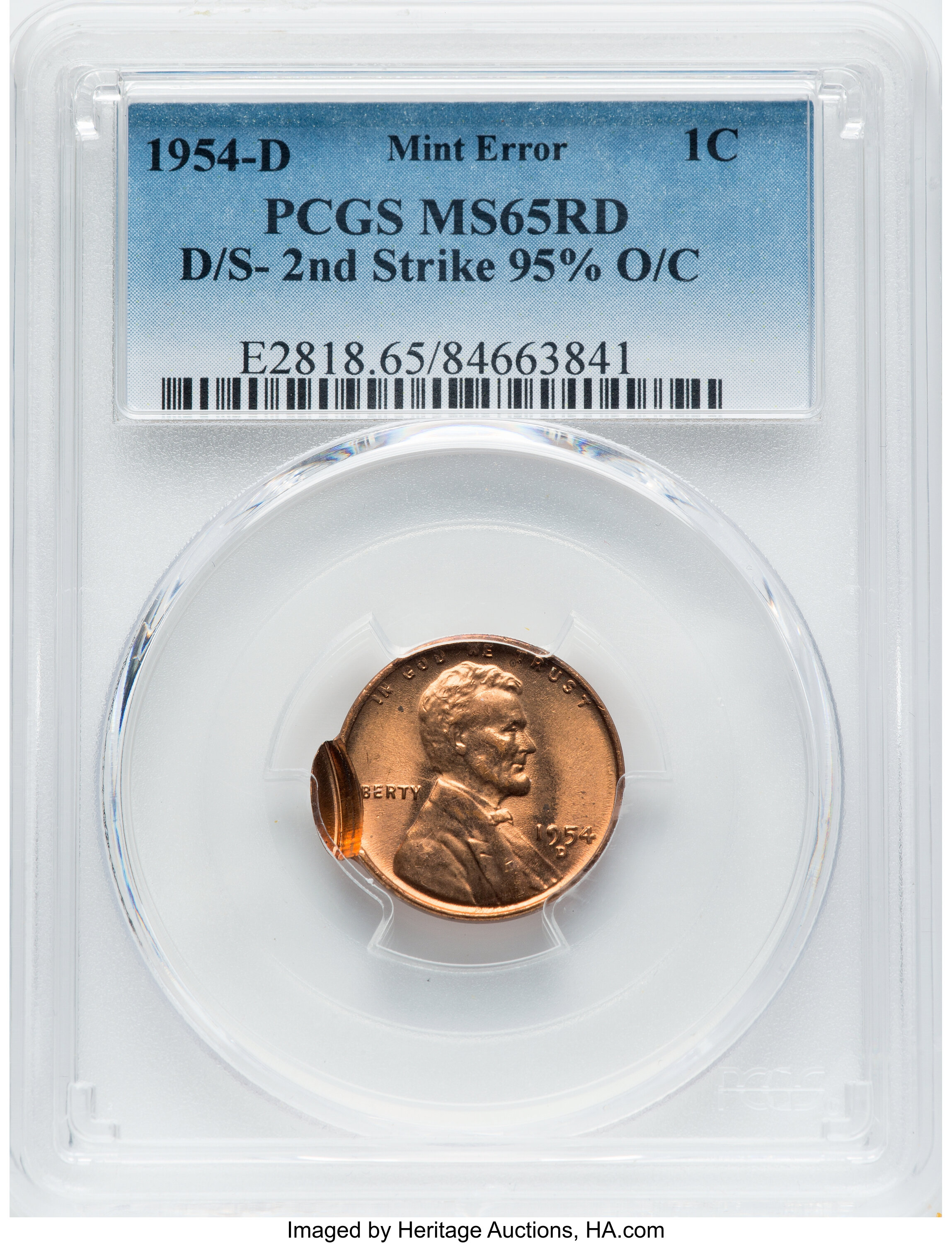 1954-D 1C Lincoln Cent, -- Double Struck, 2nd Strike 95% Off-Center -- MS65 Red PCGS. According to Fred Weinberg, this is t...