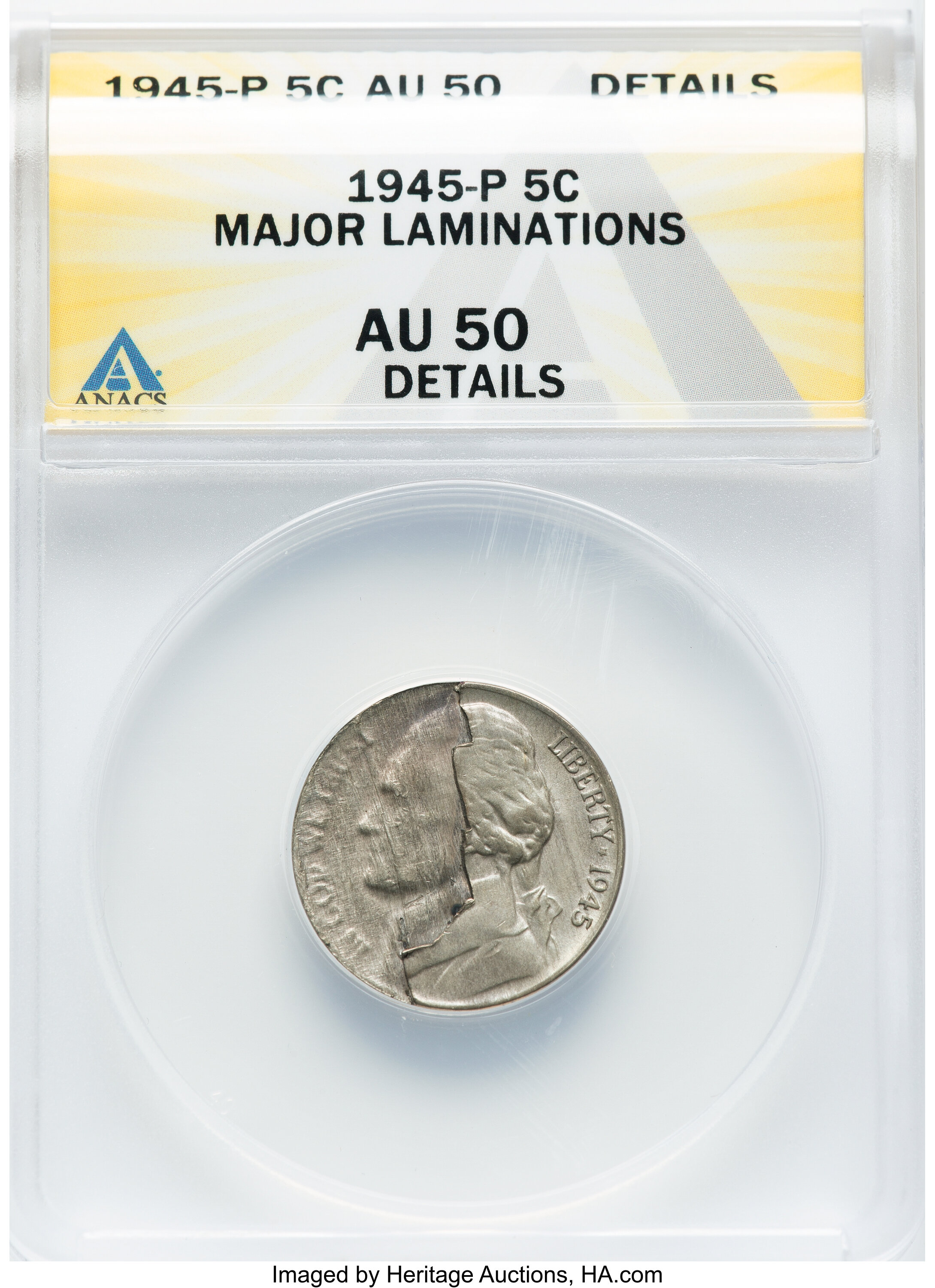1945-P 5C Jefferson Nickel -- Major Laminations -- ANACS. AU50 Details....