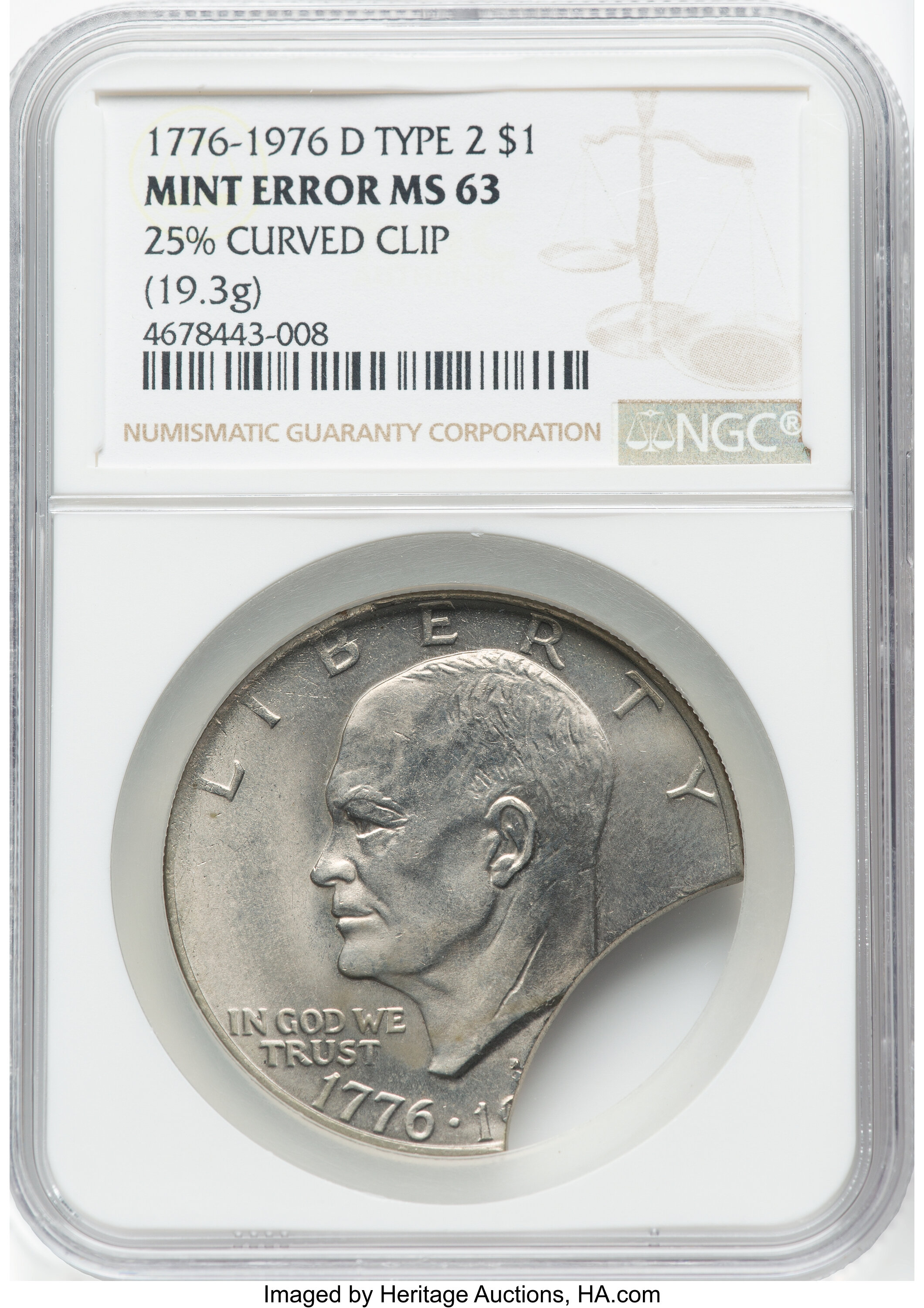 1976-D $1 Eisenhower Dollar, Type Two -- 25% Curved Clip -- MS63 NGC. 19.3 grams.From The Michael Sussman Collect...