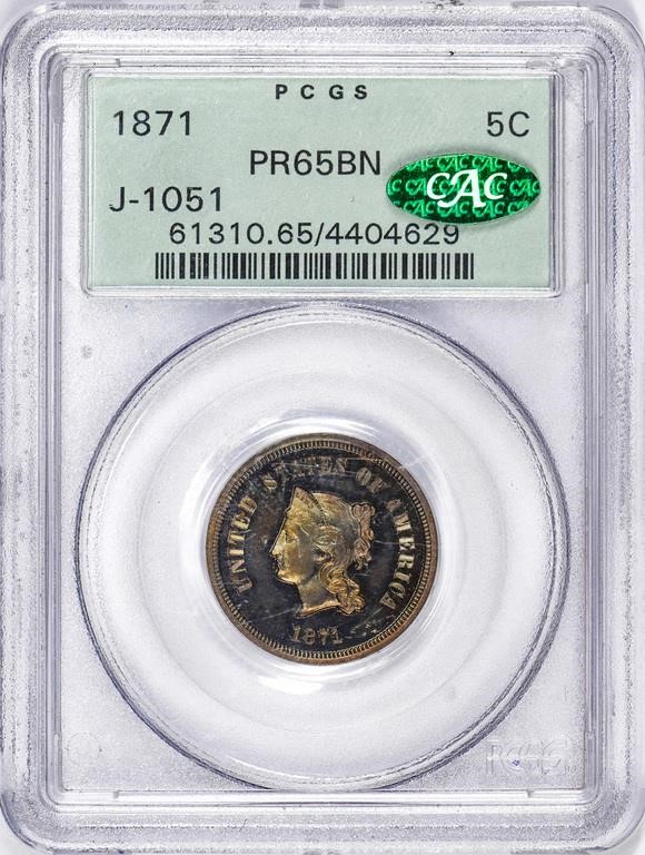1871 P5c Copper, J-1051 PR BN PR65 BN CAC thumbnail 3