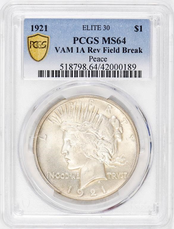 1921 $1  Peace, Reverse Field Break, VAM 1A MS61 thumbnail 8