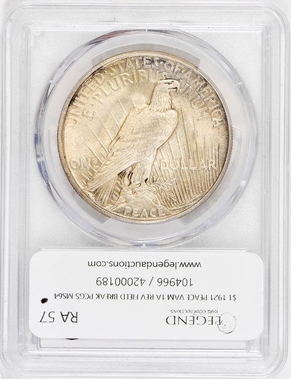 1921 $1  Peace, Reverse Field Break, VAM 1A MS61 thumbnail 9