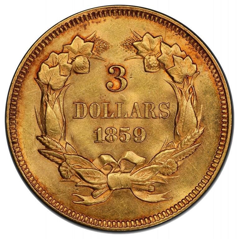 1859 $3 MS62 thumbnail 2