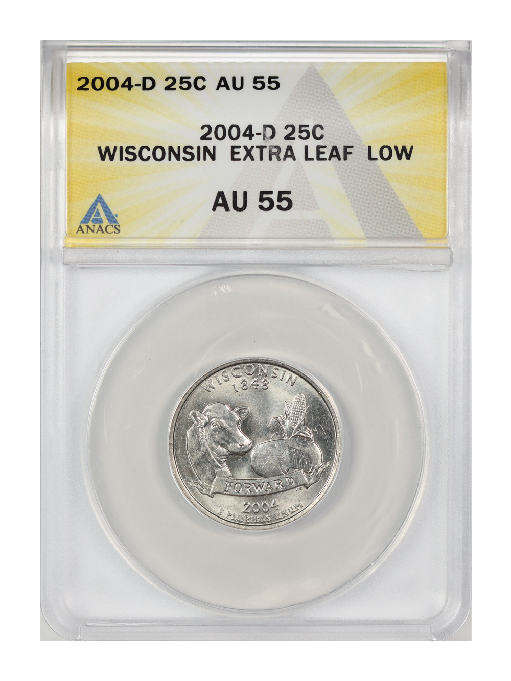 2004-D 25c Wisconsin, Extra Leaf Low AU50 thumbnail 3