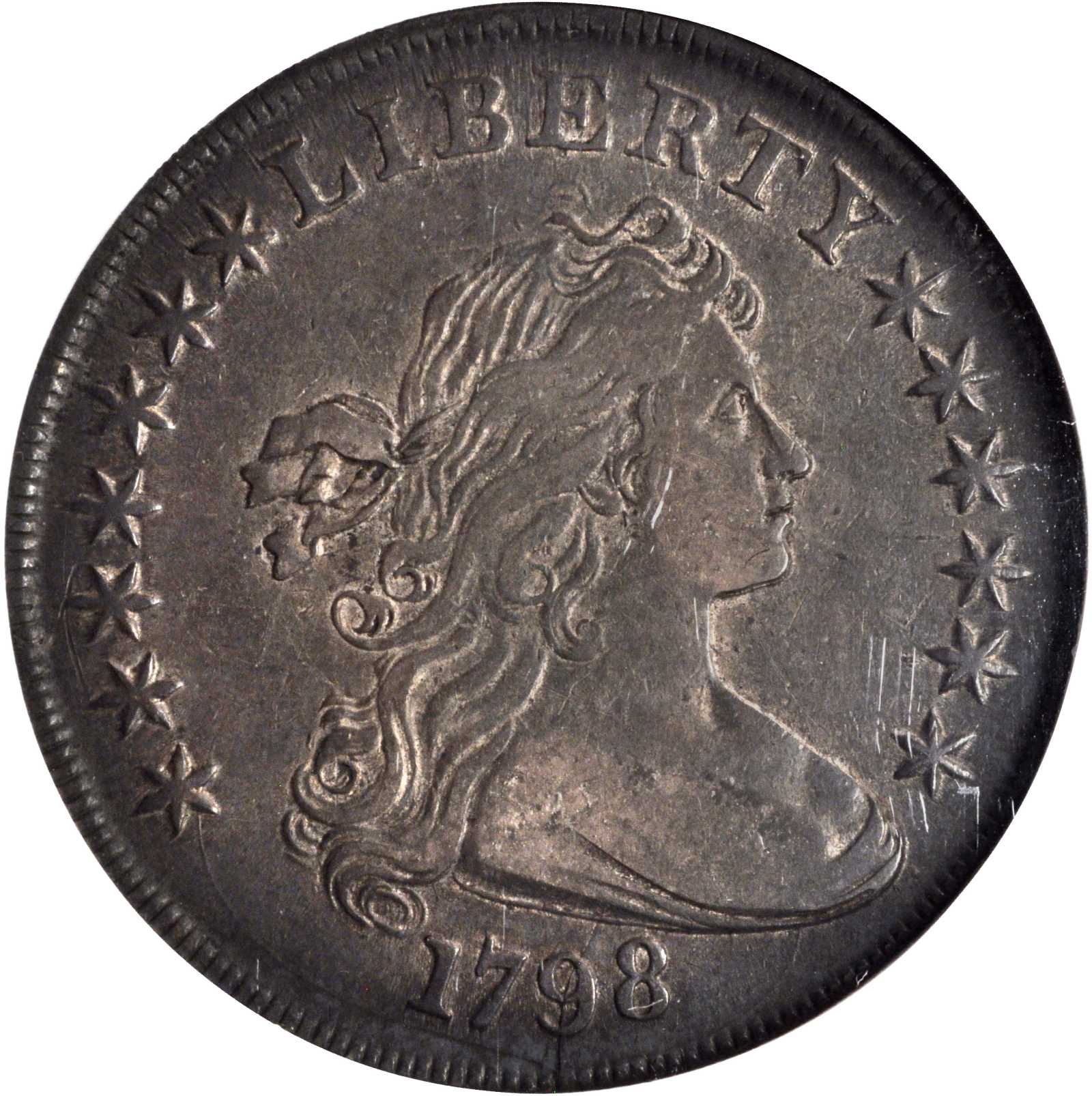 1798 Draped Bust Silver Dollar. Heraldic Eagle. BB-116, B-30. Rarity-5. Pointed 9, Close Date. EF-40 (NGC).