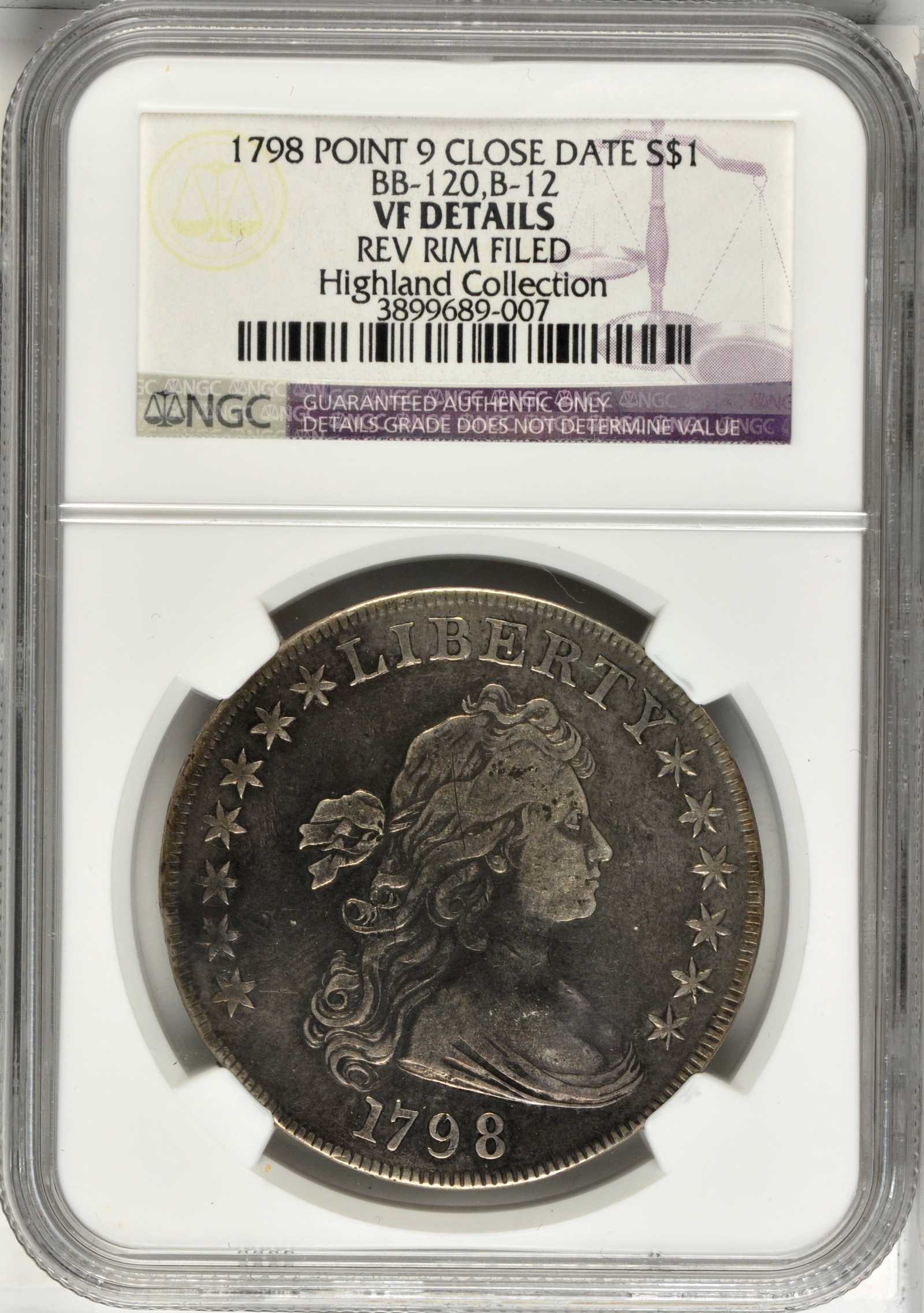 1798 $1  Large Eagle, Pointed 9, Wide Date, B-12, BB-120 VG10 CAC thumbnail 12
