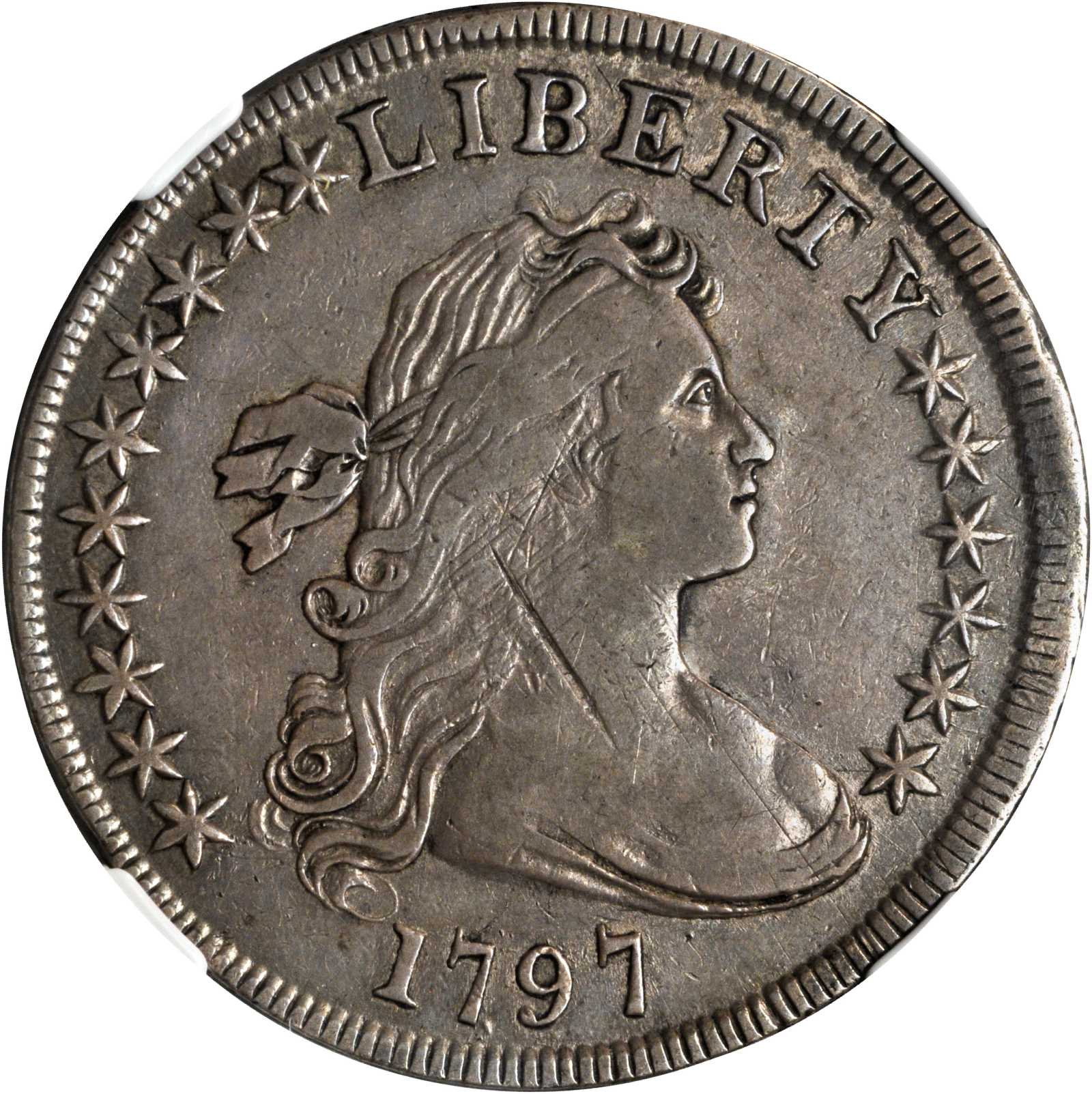 1797 Draped Bust Silver Dollar. BB-71, B-3. Rarity-2. BB Die State III. Stars 10x6. VF Details--Edge Repaired (NGC).