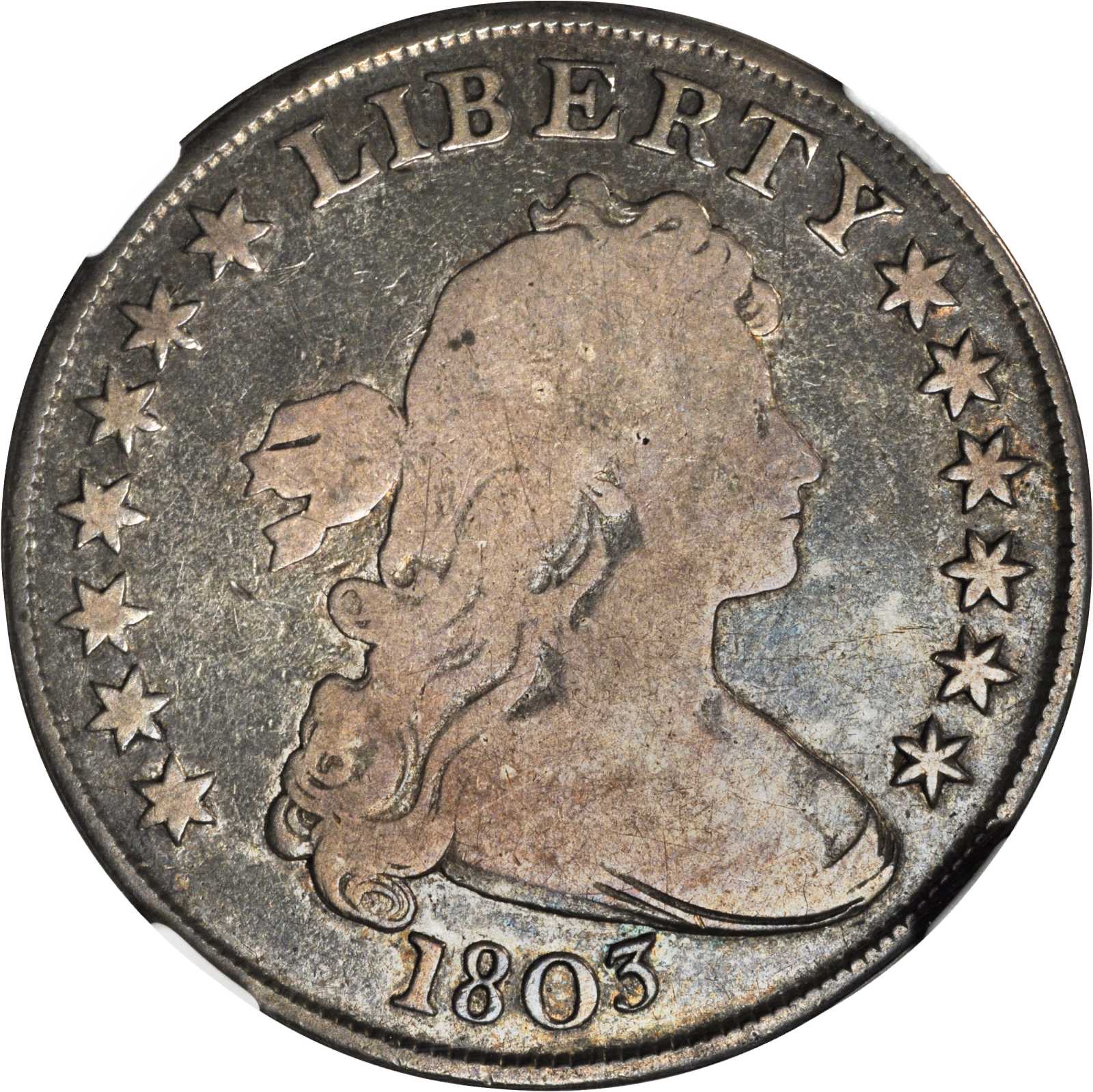 1803 Draped Bust Silver Dollar. BB-252, B-5. Rarity-2. BB Die State I. Small 3. Good-6 (NGC).